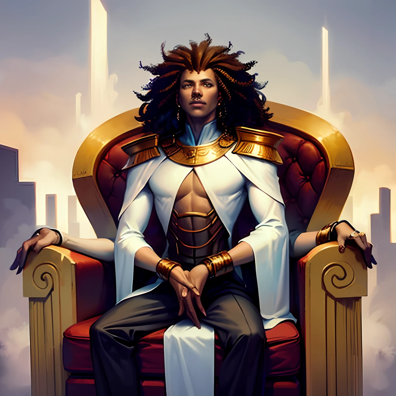 black man with curly hair sitting on a throne