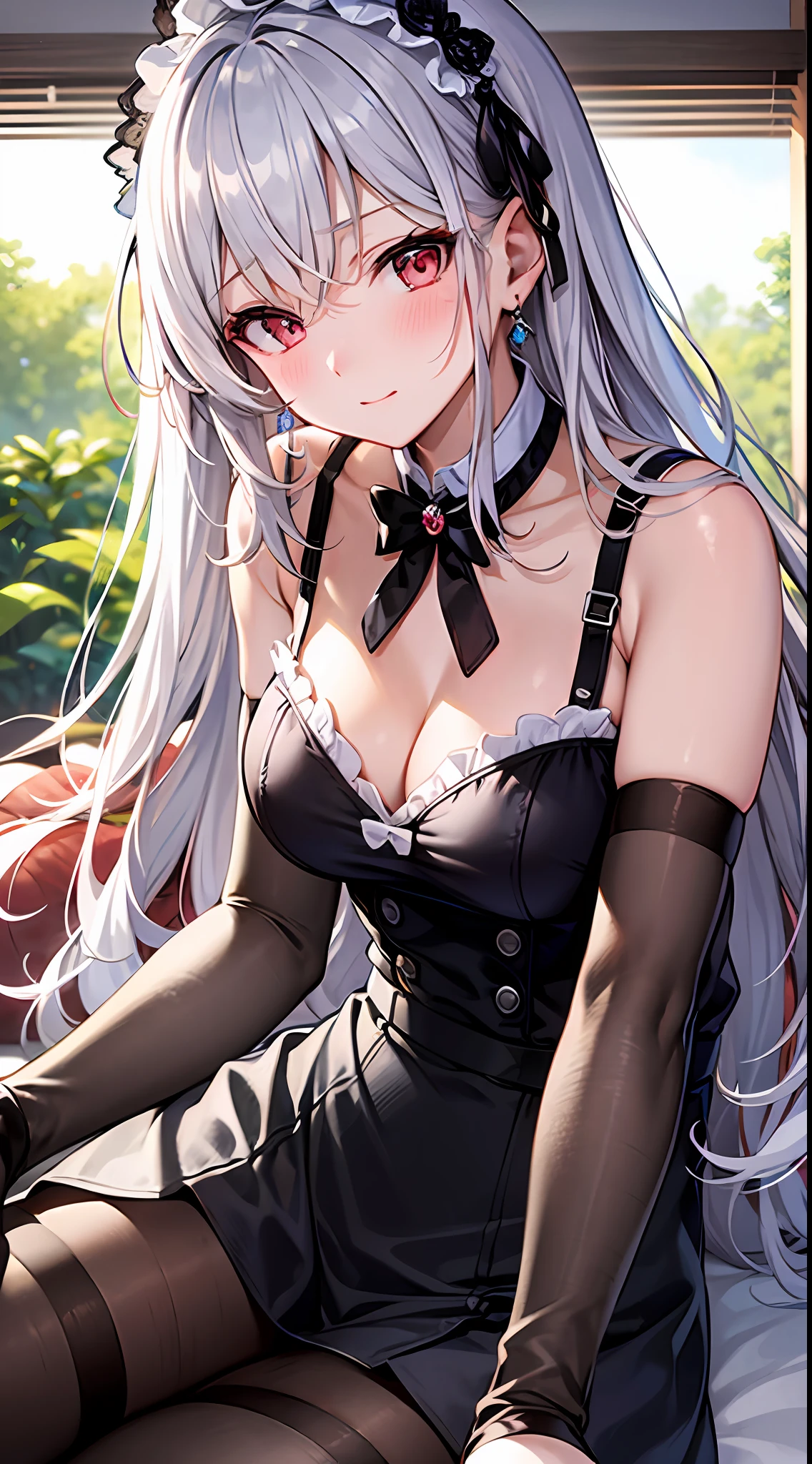 {Best Quality}, {ultra-detailliert}, {very detailed illustration}, silber hair, Aimei, embarrassed from,breastsout,Suspender Skirt,red blush,Black tie,Be undress,suspenders、skirt by the、Casual clothing,Maids,a bed,laying on back