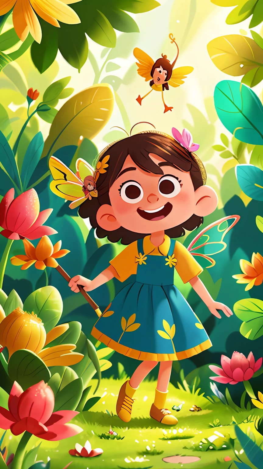 Beautiful little fairy, with a completely yellow dress, smiling, with her magic wand, flying in the middle of the enchanted and colorful forest. Her wings are beautiful, and she is full of happiness and smiles in the scene, with even more smiles and happiness in the background, perfect quality, clear focus (mess - house: 0.8), (masterpiece: 1.2) (Realistic: 1.2) (Bokeh) (Best quality) (Detailed Skin: 1.3) (Intricate Details) (8K) (Eye Detail) (Sharp Focus)