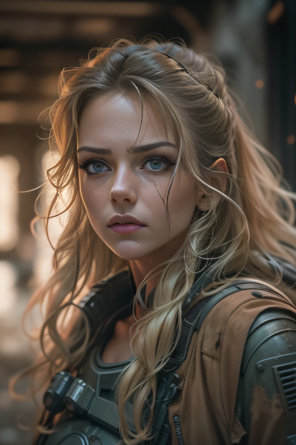 three-quarter close-up portrait, stunningly beautiful 30 y. o woman, slender athletic figure, stunning face, (expressive and deep [symmetrical eyes]), frowning and innocent expression, (long [natural blond] hair)+++ | ([maximum detailed post apocalyptic survivor : 00's sci-fi TV series style : firefly : armor protection elements | maximum detailed mechanic firefly style | (intricately detailed:1. 2) | (intricately detailed sci-fi utilitarian interior [((intricately detailed rusty decayed building corridor)) : oppressive and contrasting background:1. 3)+, (in semi-darkness)++, backlighting from inside, dramatic expressive background, gloomy horror crushing atmosphere | cinematic shot photographed from below with DSLR, aperture f/7, shutter speed 1/100 sec, ISO 150 | super detailed, hyper photorealistic, (8kK, UHD, super resolution, diffused lighting)+, textures of natural reflections, cinematic lighting