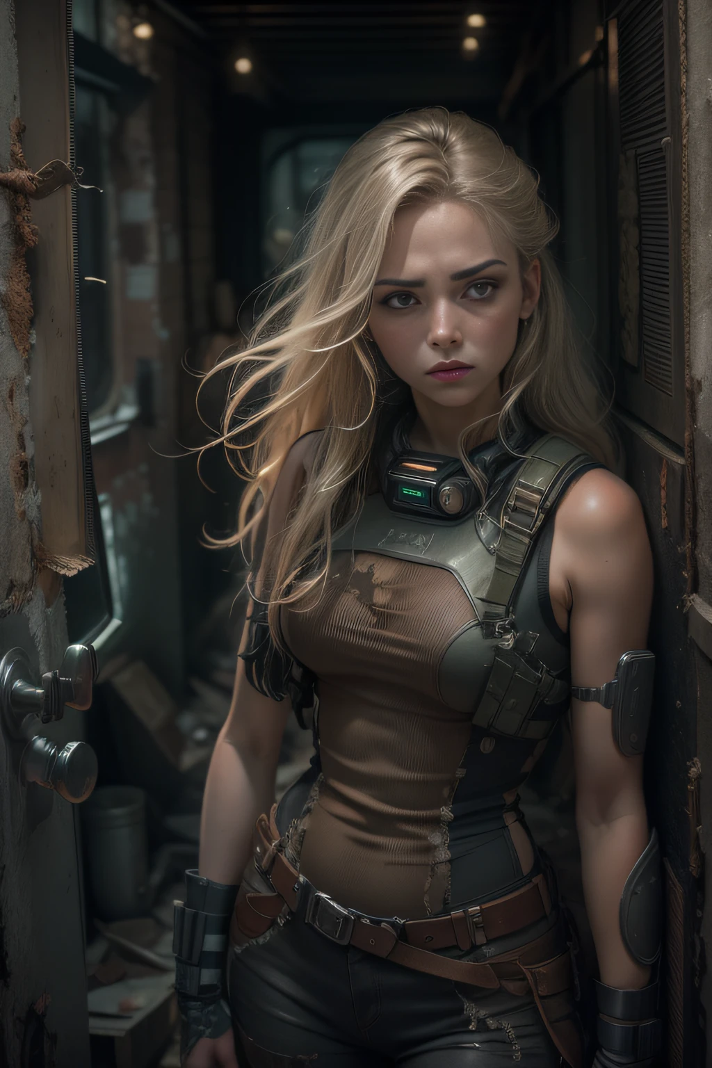 three-quarter close-up portrait, stunningly beautiful 30 y. o woman, slender athletic figure, stunning face, (expressive and deep [symmetrical eyes]), frowning and innocent expression, (long [natural blond] hair)+++ | ([maximum detailed post apocalyptic survivor : 00's sci-fi TV series style : firefly : armor protection elements | maximum detailed mechanic firefly style | (intricately detailed:1. 2) | (intricately detailed sci-fi utilitarian interior [((intricately detailed rusty decayed building corridor)) : oppressive and contrasting background:1. 3)+, (in semi-darkness)++, backlighting from inside, dramatic expressive background, gloomy horror crushing atmosphere | cinematic shot photographed from below with DSLR, aperture f/7, shutter speed 1/100 sec, ISO 150 | super detailed, hyper photorealistic, (8kK, UHD, super resolution, diffused lighting)+, textures of natural reflections, cinematic lighting