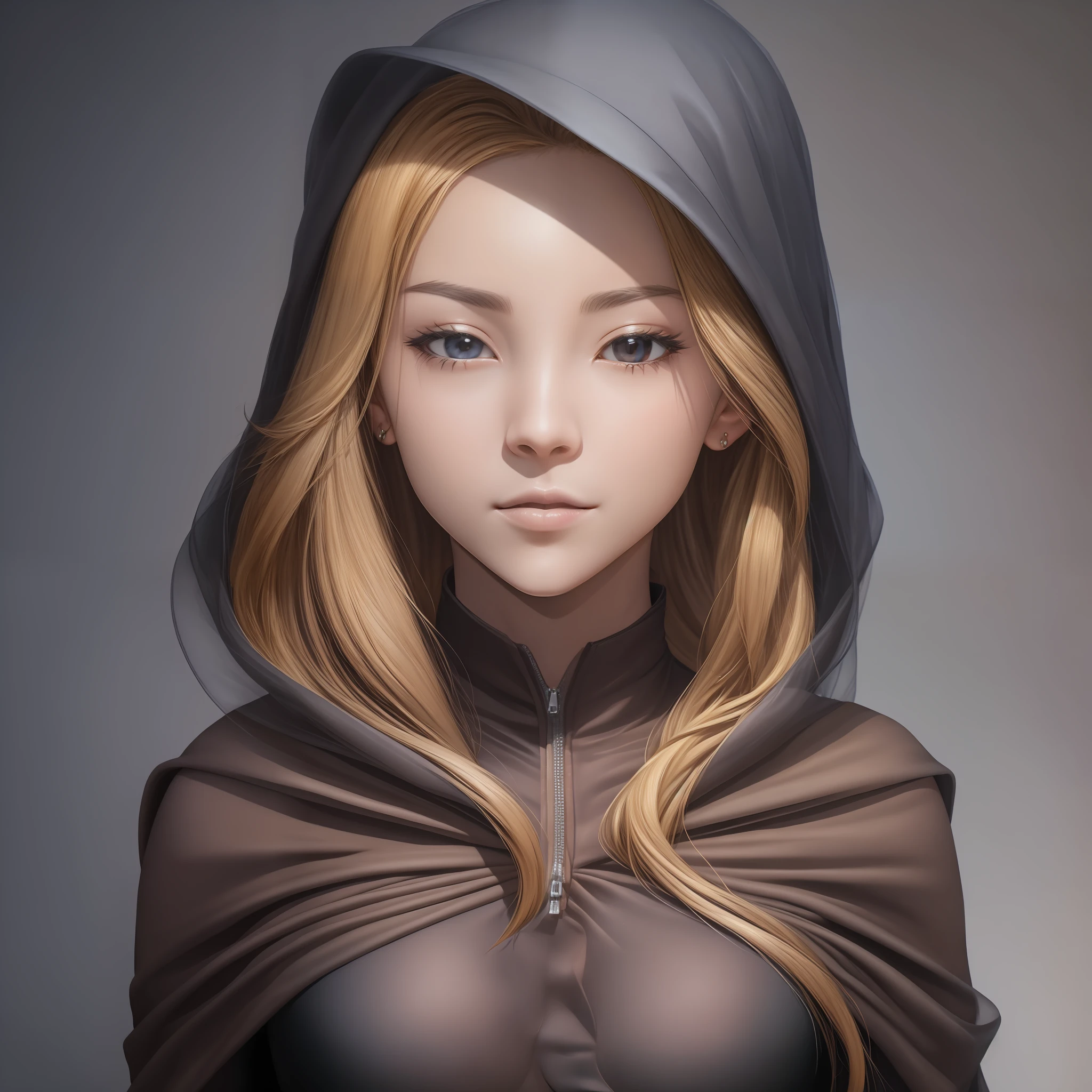 Crear una imagen hiperrealista de cuerpo completo de una mujer con una capa negra con capucha. La cara de la mujer debe estar oscurecida por la capucha, proyectando una sombra sobre sus rasgos, adding an air of mystery. Make sure the image is sharp and defined in 8K, with meticulous attention to detail on facial features and the whole body.