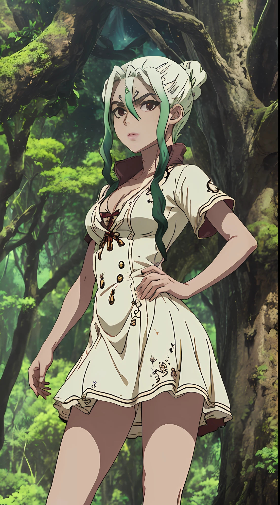 Melhor qualidade, obra prima, ultra detalhado, Ultra resolution, anime, doutor Stone, vestido de jaleco branco, roupa de cientista, na floresta, vila de madeira ao fundo, iluminado por tochas, noite escura estrelada, starly sky, estrelas carentes, lua cheia.