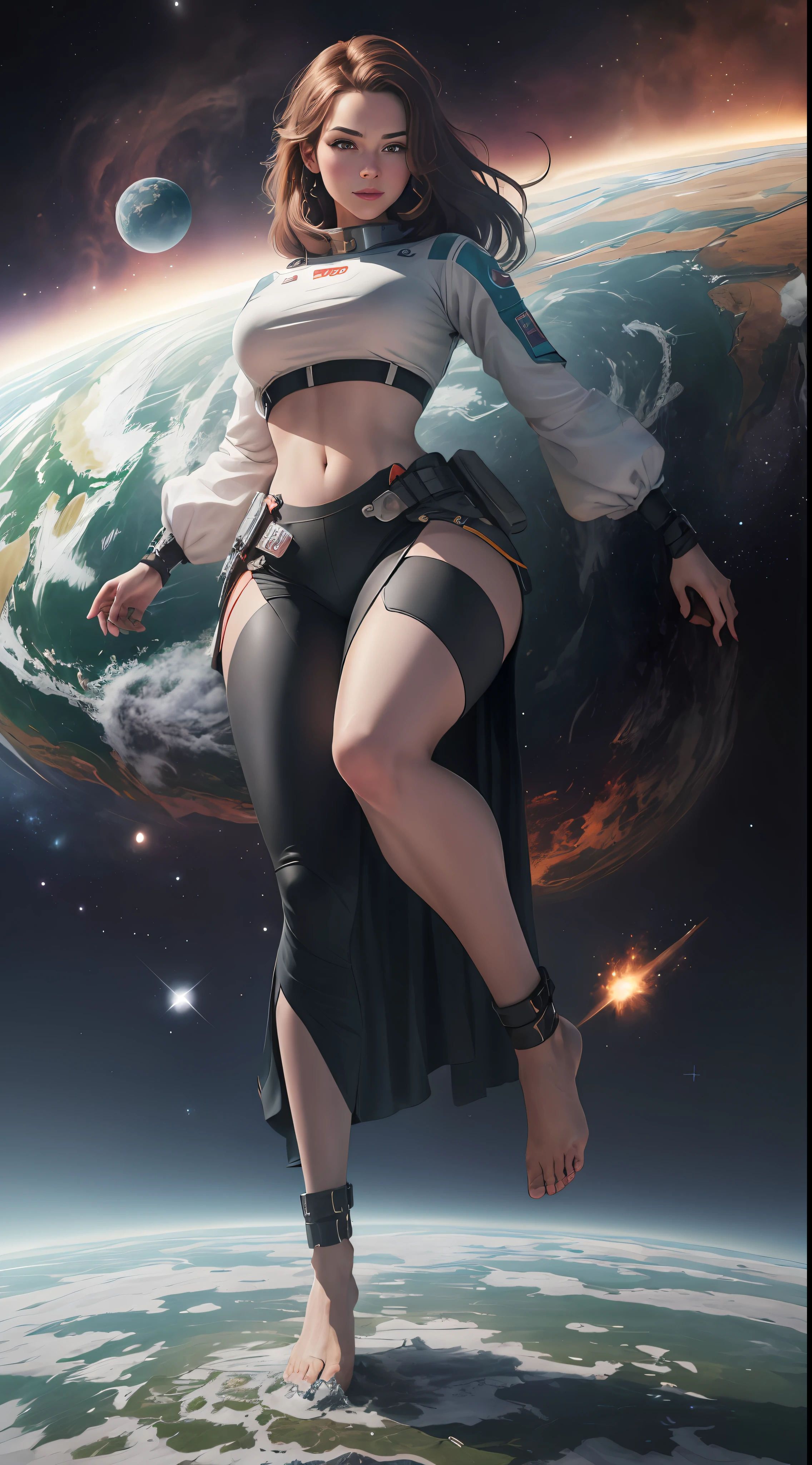(((Towering over you))), giant woman in provocative crop top, brown hair, smirking, standing on a planet in space with her full body in view, furrowed brow, barefoot