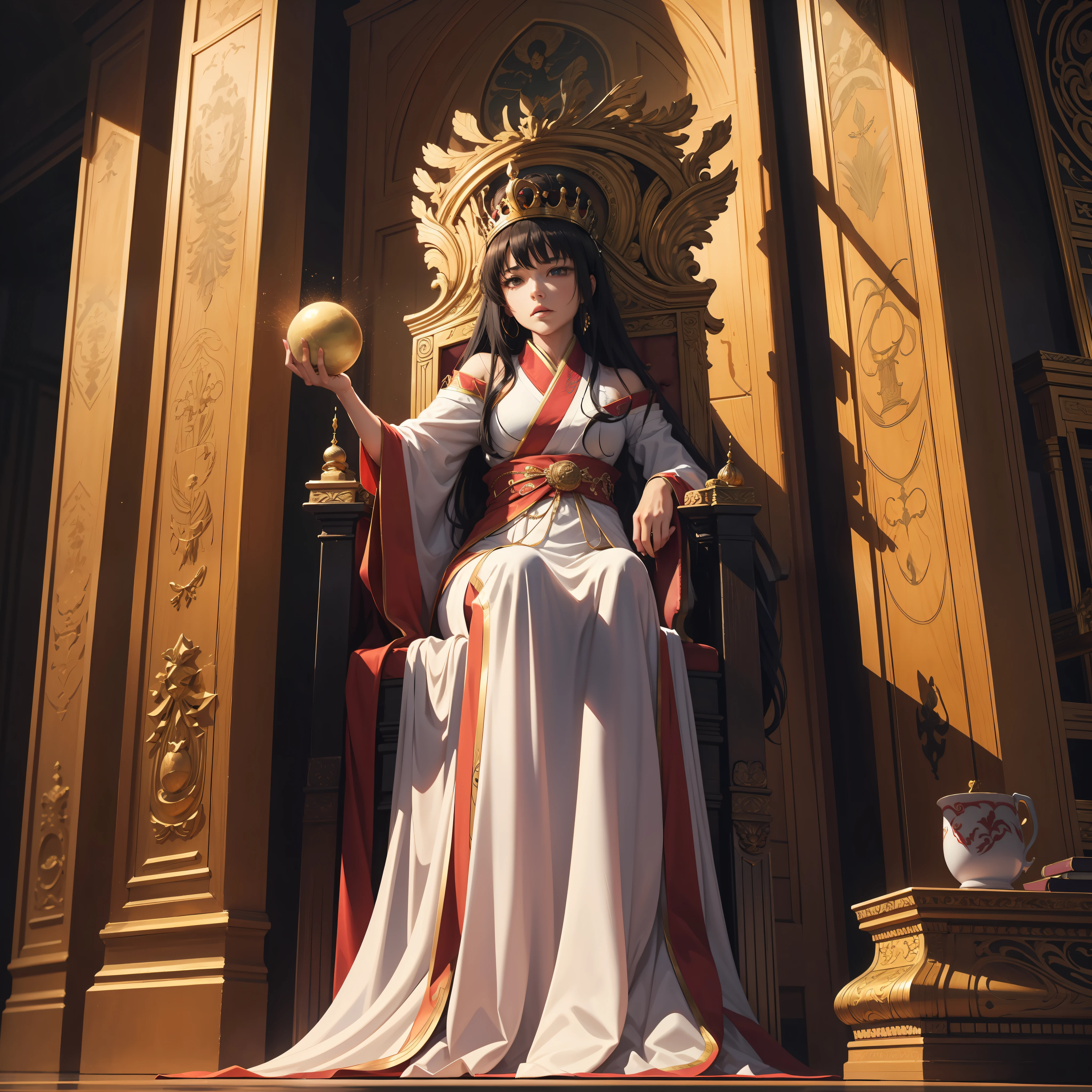 Queen on the throne, people kneeling before the throne, oriental elements, imposing queen, subjects, orintal, anime, telekinesis, floating hair --auto