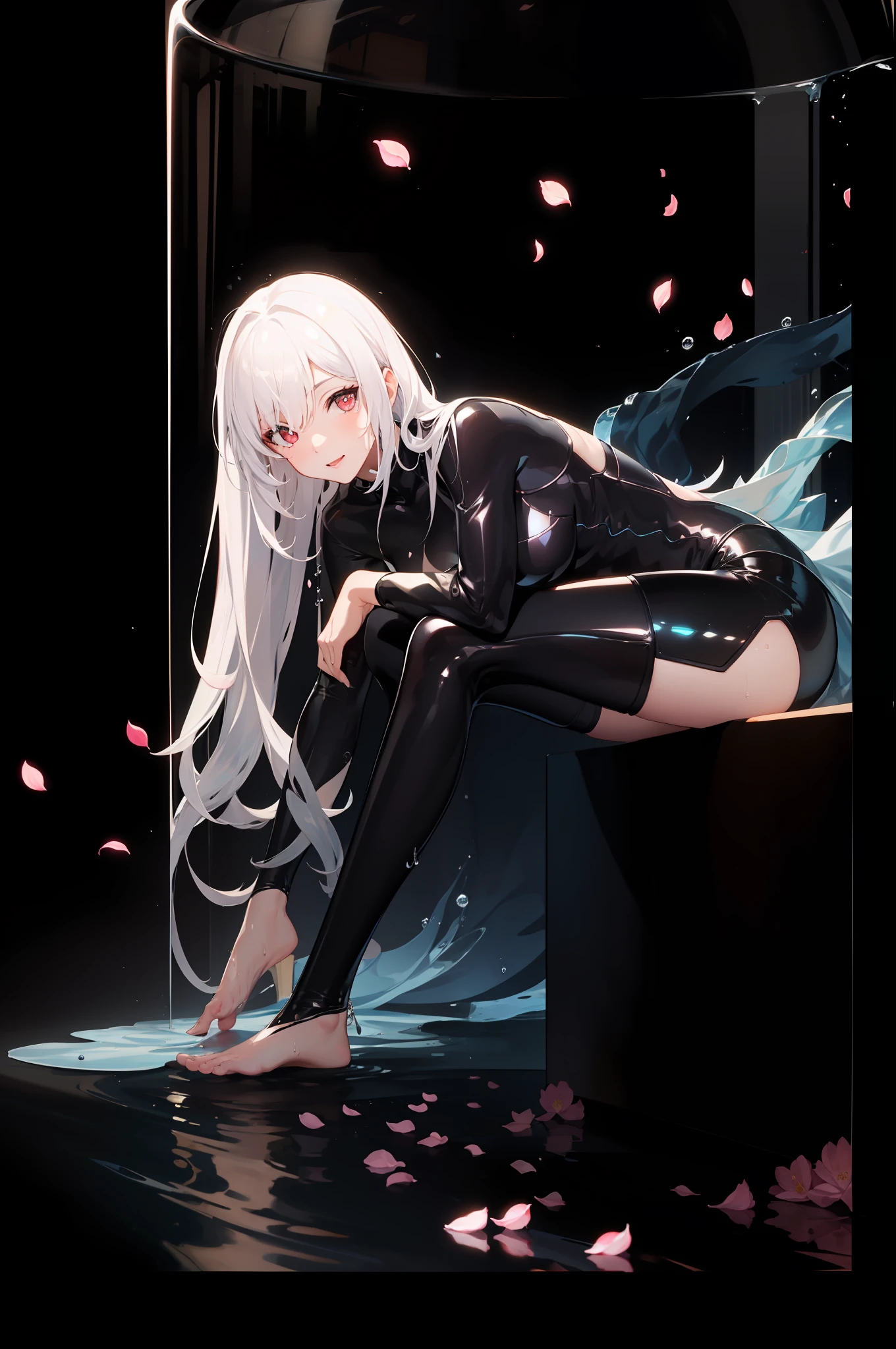 [(Transparent background:1.5)::5],(((Masterpiece))),(((Best quality))),(((Extremely detailed))),illustration, 1girll,Solo,mysterious,vivd colour,Shiny, Underwater transparent sealed hemispherical glass dome, White hair,Red eyes, full body,Barefoot,Long hair is calm and natural, Koi,Underwater, Dome,Close up,Dynamic actions,Lens perspective,(((Box composition))),sitting cross-legged，Leaning against the bookshelf,, (Detailed face:1.2),Shiny eyes, view the viewer,(PureErosFace_V1:0.8), Cityscape,1girll,Solo,tightsuit,(fishnets pantyhose|off the shoulder dress:0.8),Wet,,view the viewer,(eyeslashes:1.1), (cheerfulness:1.21),(Depth of field:1.1), Lens flare, (color difference:1.1), (Caustics:1.1), (scattered luminous petals:1.331), (Style - GBF:0.75),(Highly detailed face:1.1),tiktok,Dynamic Angle,(wide angles:1.1),(Portrait:0.5)