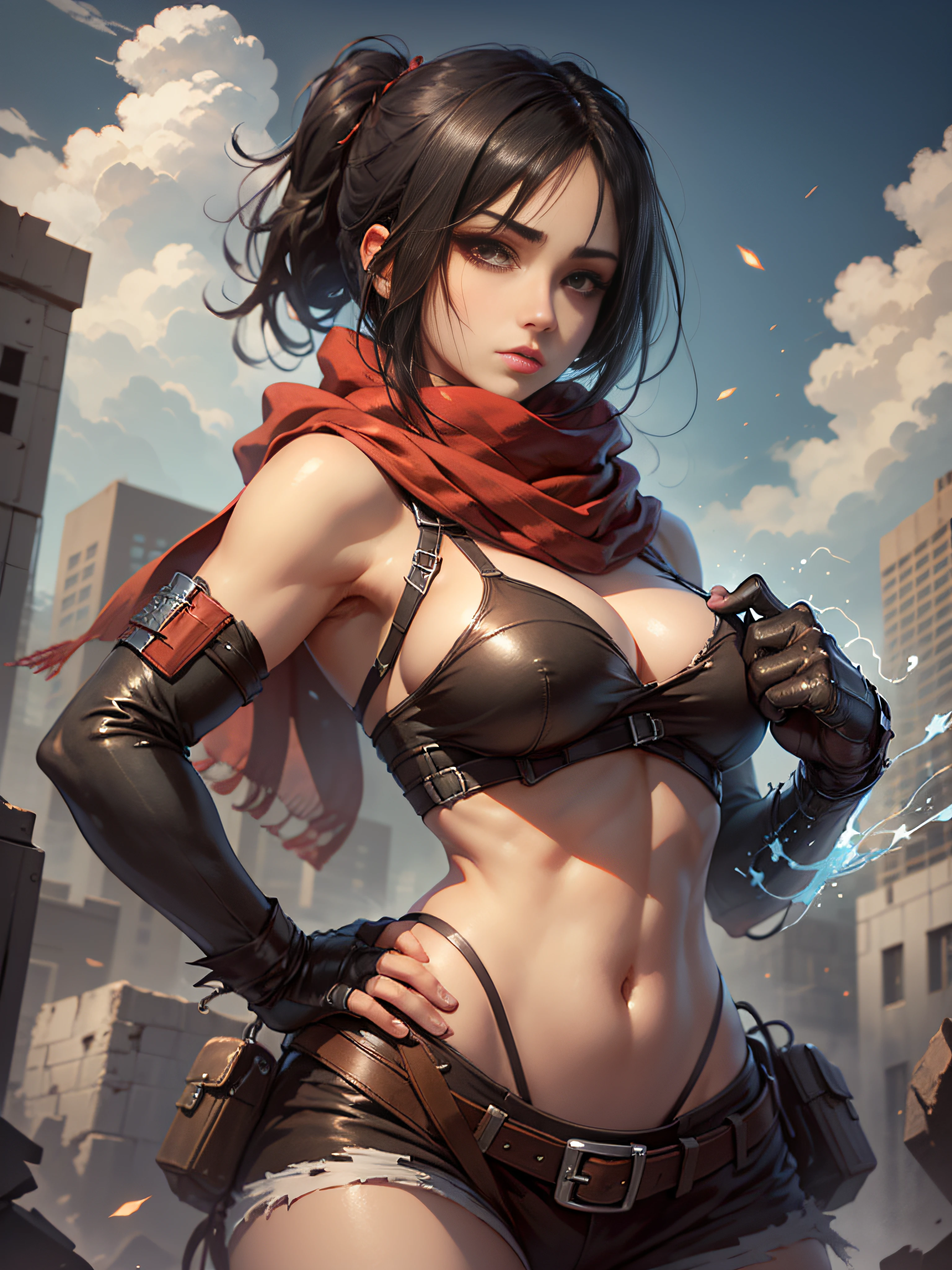 Masterpiece, best quality, big breasts, busty, perfect body, 1 girl, mikasa_ackerman, red scarf, sky, gloomy, fighting stance, sinister gang, butyric acid, minimalism, impact art, ruins, black eyes, close-up