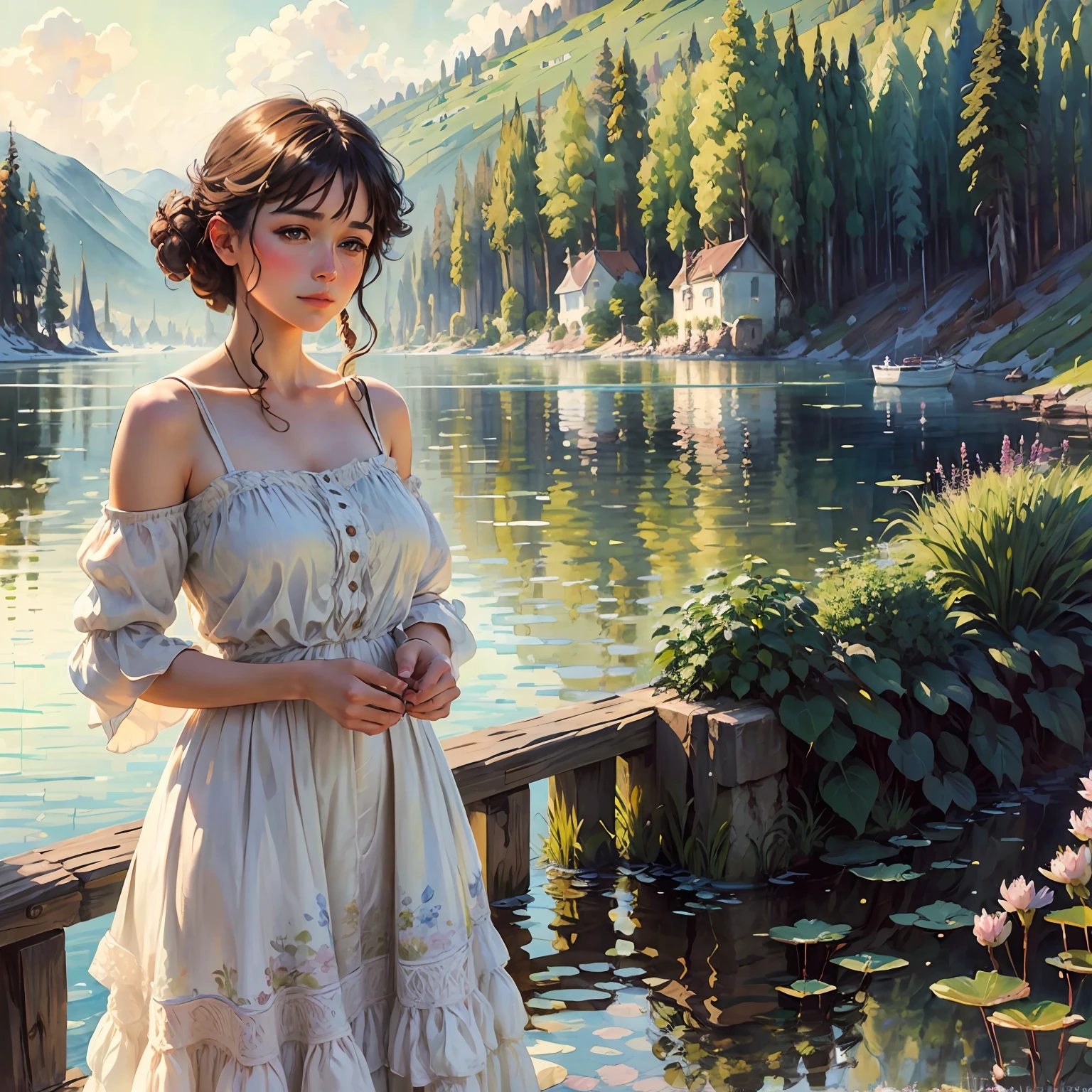 a stunning watercolor painting on canvas of a beautiful woman, in the style of Claude Monet, impressionism, impressionistic landscapes, pastel colors, (impressionistic portraits:1.2) --auto