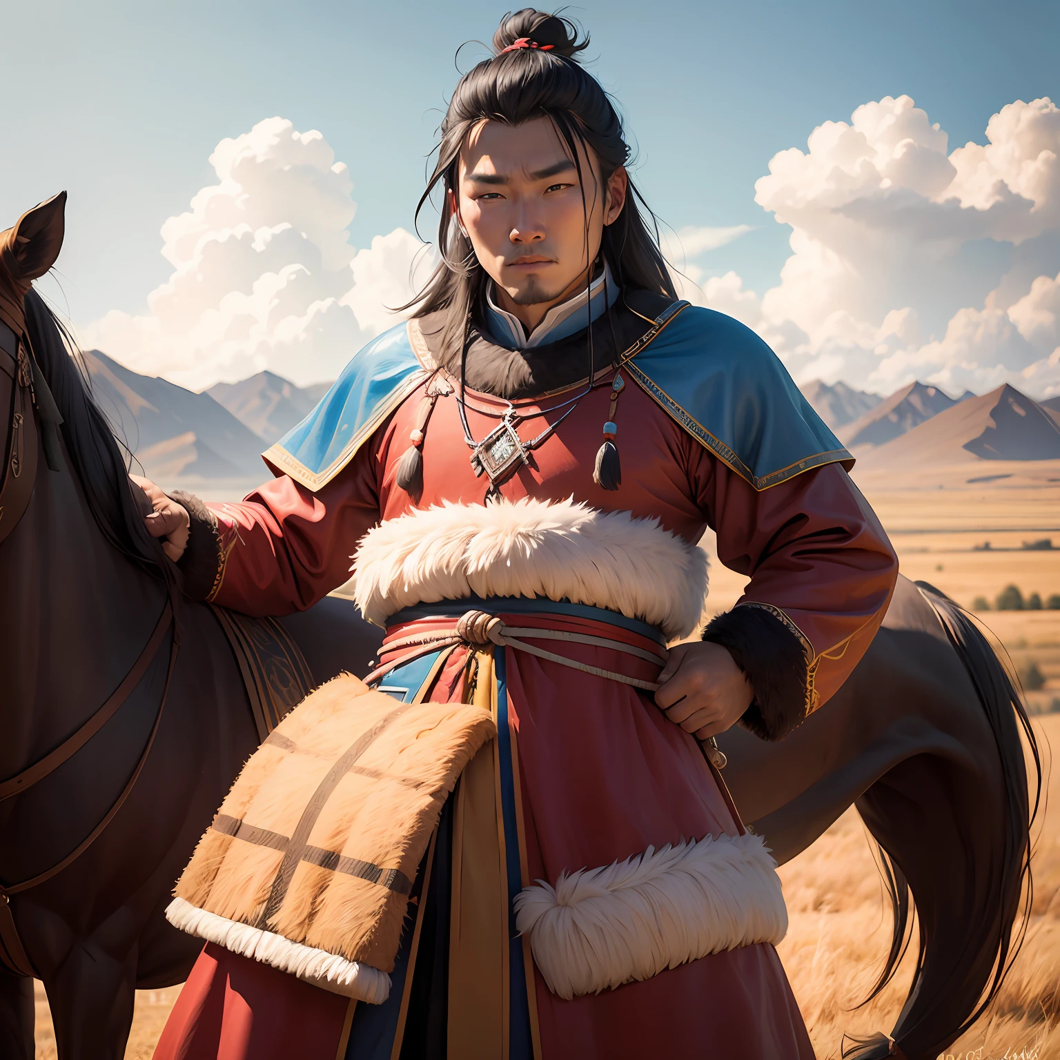 Hulunbuir grassland, mongol, Man in Mongolian costume, Late eighteenth century, photorealisti, photo-realism, 8k, 80mm, f/1.8 --auto