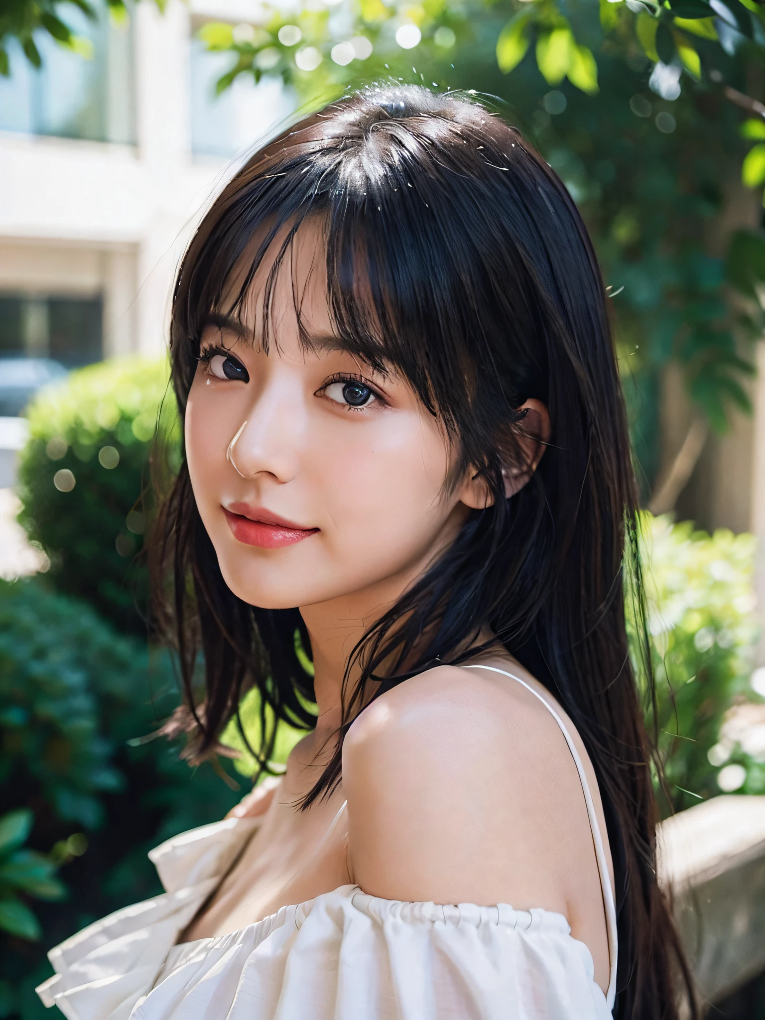 (Best Quality:1.2, 8K, Sharp Focus, master piece: 1.2, Cinematic Light, extremely details CG, beautiful Girl, reality, Detailed face textures, Realistic skin, beautiful makeup, Detailed bangs)), (depth of fields), Bokeh background, Head tilt, Smile, closes mouth, shiny black long hair, Cowboy Shot, white bare top mini dress, jacket off shoulder, from side, wind
