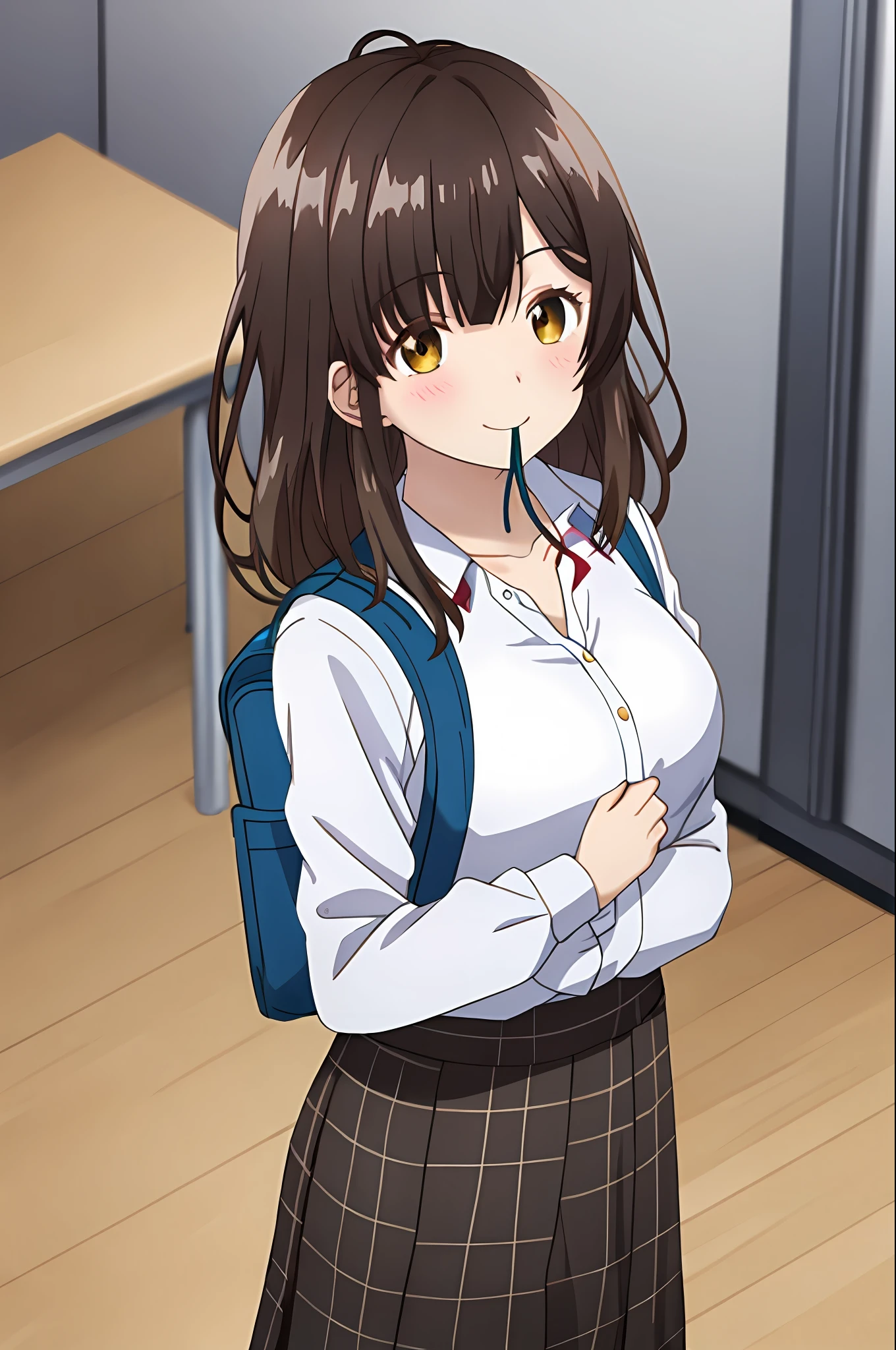 best quality, (masterpiece: 1.2), highly detailed, indoors, 
1girl, solo, ogiwara sayu,
looking at the viewer, medium breasts, smile, mouth closed, smile,  hand on his own chest, blush, standing in classroom, 
brown eyes, brown hair, long hair, white shirt, plaid skirt, collarbone, neckline, bow tie, black school backpacks on her back