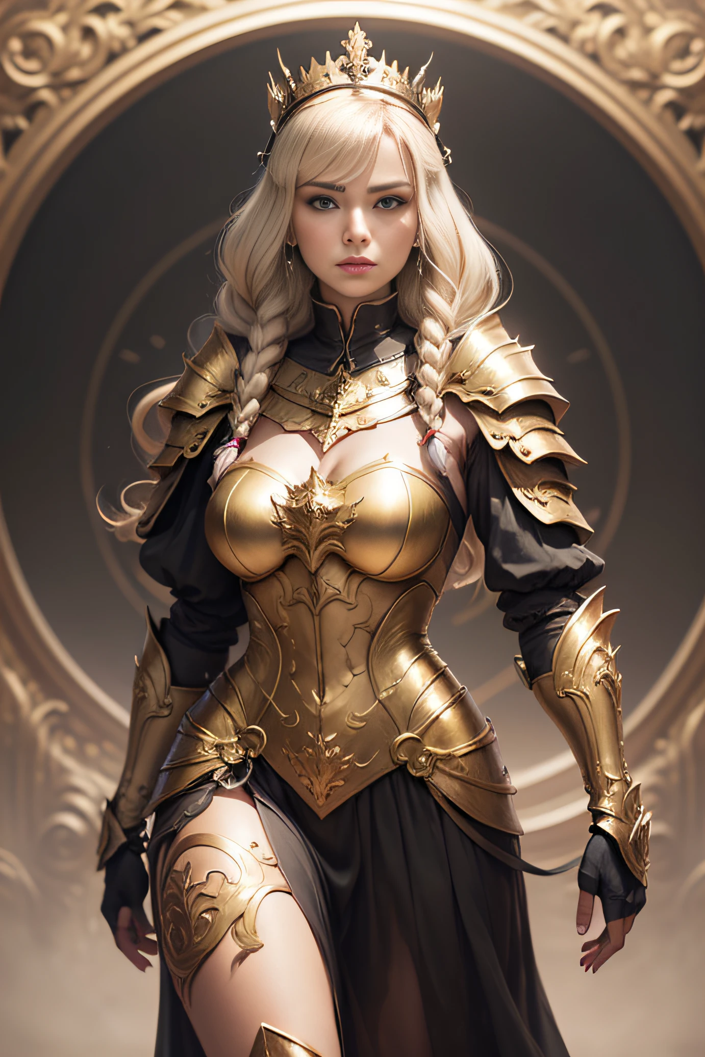 Blonde haired woman with braids, (Armadura nordica decotada dourada). Golden armor with glossy chrome black with sharp reflections. Pedras preciosas. ombros nus. (tiara). Low muscle definition. Pernas lindas. Ombros nus visiveis. Detailed lighting. artistic work. Beleza extrema. Roupa com efeito de gradiente colorido intenso. Professional image with high saturation. Camera profissional. illustration. cores vibrantes. olhos amarelos vibrantes, manto, capa de pelo, olhos dourados brilhantes, simetria, olhar intenso, detalhes pretos nas roupas, aura dourada, fogo, capa
