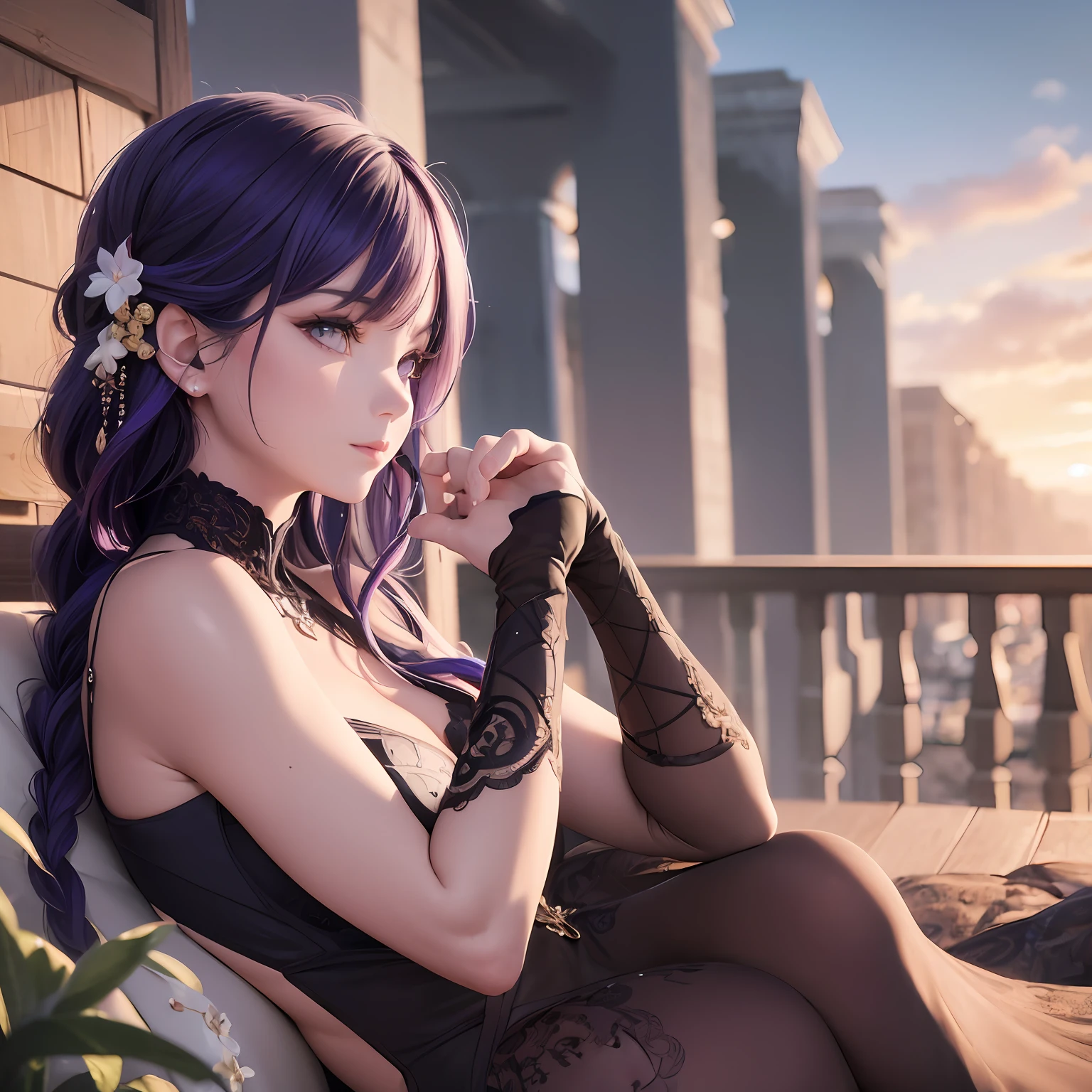 (Masterpiece, fine detailed beautiful eyes: 1.2),Sit cross-legged, 1girll, full body, Soft lighting,kokomi,Purple hair,Purple eyes, Detailed eyes, Braid, braidedponytail, hair adornments,ultra - detailed,Light smile, Highly detailed, Beautiful, small detailed, Ultra detailed, Best quality, Intricate, hyper photorealism, Sharp, Digital illustration, Detailed, Realism, Intricate, 4K, 8K, Good anatomy, Beautiful lighting, Award-winning, Photorealistic, Realistic shadows, Realistic lighting, Beautiful lighting, Ray traching, Intricate details, Moody, Rule of thirds, Masterpiece, (illustration:1.1), A high resolution, (Extremely detailed CG, Unity, 8K wallpaper:1.1), Beautiful face, Highly detailed face, Ultra photo realsisim, Masterpiece, Bokeh, Extremely detailed, Intricate, zoomout, Colorful, Vibrant colors, Side view,Outdoors,(beach, Cloud, Blue sky, Sunset),Lens perspective,Outdoors, --auto