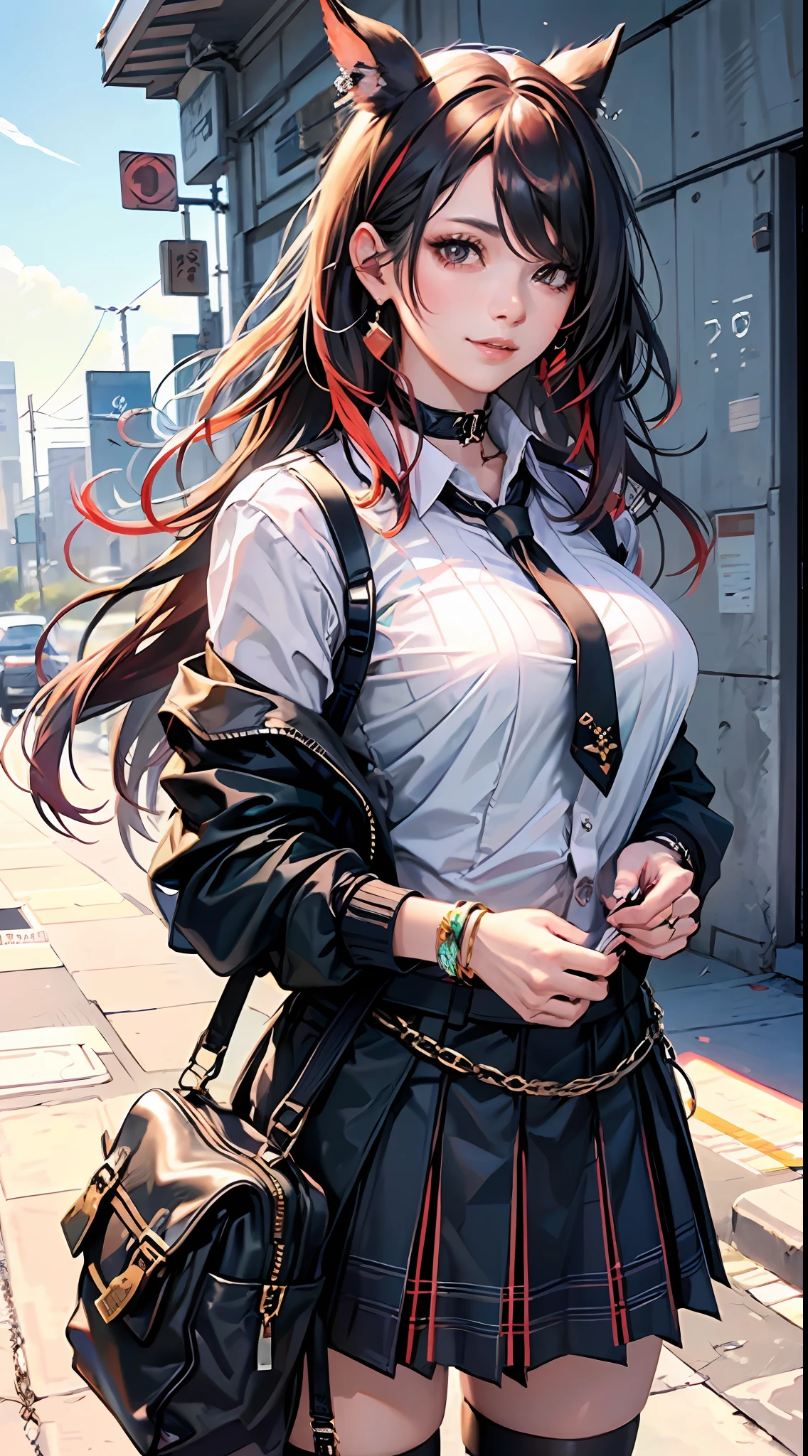 tmasterpiece,Need,full bodyesbian,1girl,By bangs,Black choker,Black tie,brunette color hair,Blue dress,Blushlush,bangle,beauty breast,choker,Cornics,鎖骨,collared shir,Cowboy photos,Formal shirts,Ear piercing,Eyebrows visible through hair,Gradient hair,grinning smile,gyaru,jewely,kogal,Long hair,looking at viewert,Loose tie,tiese,nipple piercing,tartan,plaid skirts,pleatedskirt,red eyes,gyuru,校服,The shirt,a skirt,ssmile,solo,white shirt,street corner,Skysky,SakuraNS,petals,illustration,(Magazines:1.3),(Cover style:1.3),Realiy,Fashionab,woman,vibrancy,Outfit,posing,frontage,Colorful,Dynamic,Background with,element in,self-assured,Expressing the,halter,statement,attachment,A majestic,coil,Runt,Touching pubic area,Scenes,text,Cover of a,boldness,attention-grabbing,titles,Fashionab,typeface,Catchy,titles,more big,smart,modern day,Fashionab,focus-on、Fashionab --auto