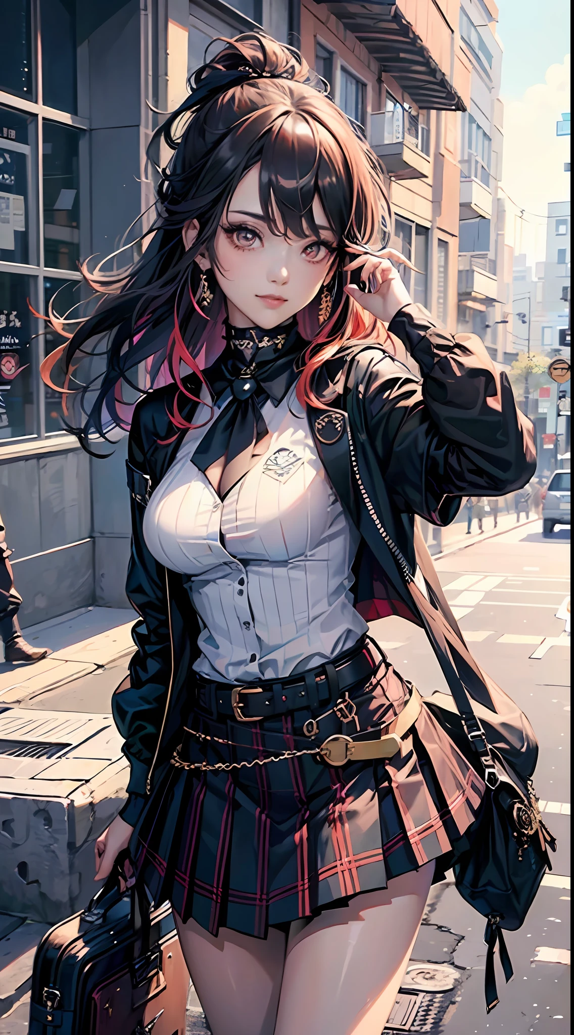 tmasterpiece,Need,full bodyesbian,1girl,By bangs,Black choker,Black tie,brunette color hair,Blue dress,Blushlush,bangle,beauty breast,choker,Cornics,鎖骨,collared shir,Cowboy photos,Formal shirts,Ear piercing,Eyebrows visible through hair,Gradient hair,grinning smile,gyaru,jewely,kogal,Long hair,looking at viewert,Loose tie,tiese,nipple piercing,tartan,plaid skirts,pleatedskirt,red eyes,gyuru,校服,The shirt,a skirt,ssmile,solo,white shirt,street corner,Skysky,SakuraNS,petals,illustration,(Magazines:1.3),(Cover style:1.3),Realiy,Fashionab,woman,vibrancy,Outfit,posing,frontage,Colorful,Dynamic,Background with,element in,self-assured,Expressing the,halter,statement,attachment,A majestic,coil,Runt,Touching pubic area,Scenes,text,Cover of a,boldness,attention-grabbing,titles,Fashionab,typeface,Catchy,titles,more big,smart,modern day,Fashionab,focus-on、Fashionab --auto