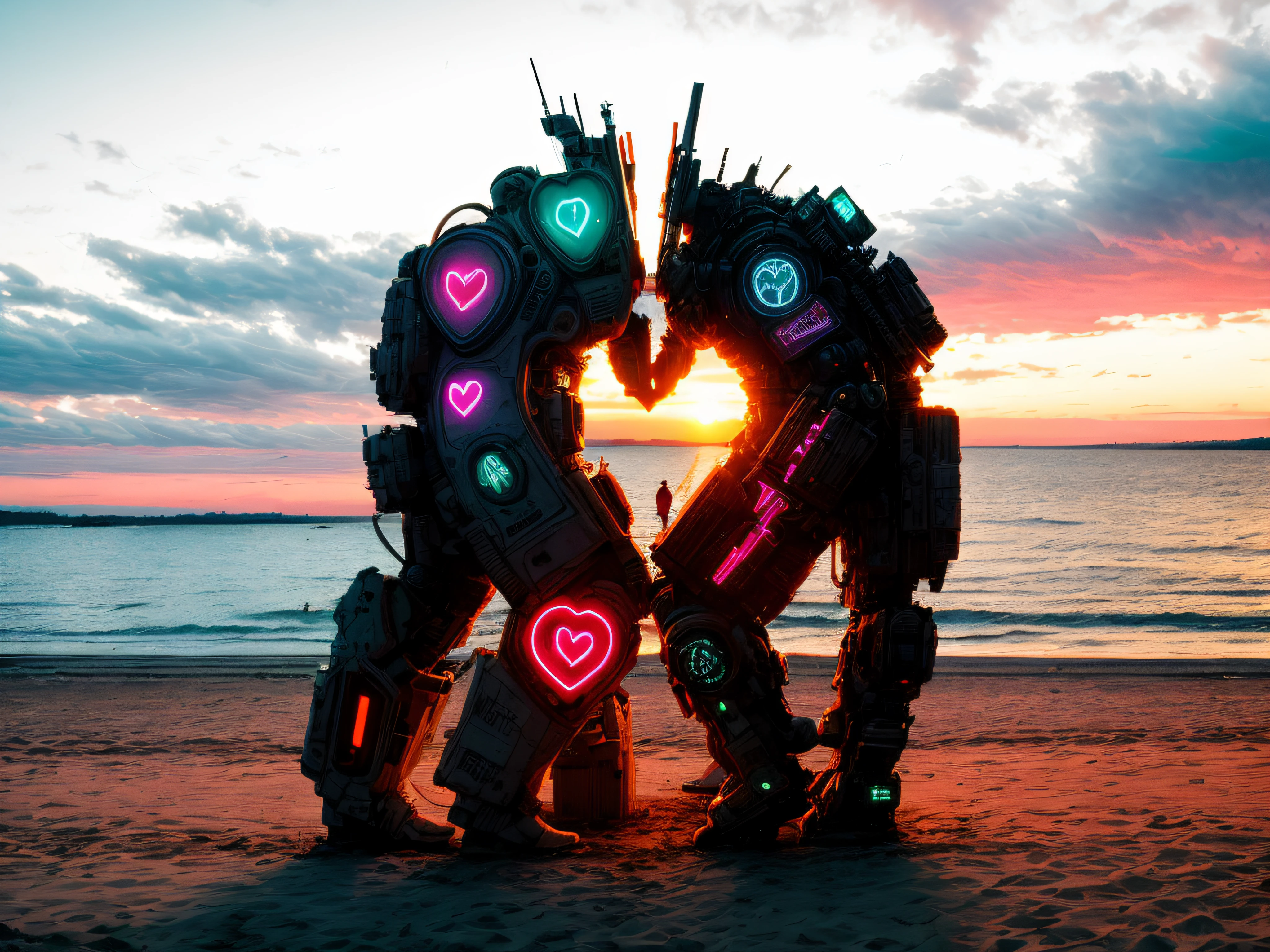 2 huge creature standing face to face, forming a heart between them. the heart glows in a futuristic cyberpunk style with neons. the background is a beach of a lake at sunset.