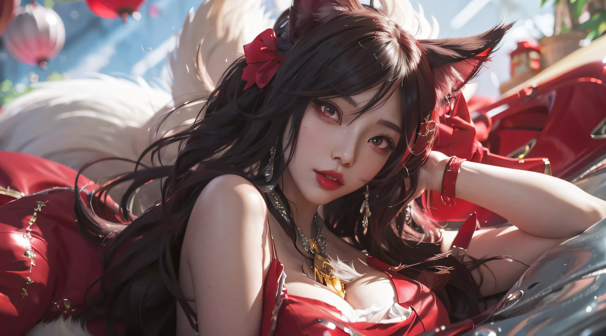 Anime girl lying on red car in red dress, ahri, portrait of ahri, ahri from league of legend, Extremely detailed Artgerm, IG model | Art germ, by Yang J, trending on cgstation, beautiful anime catgirl, Artgerm and Atey Ghailan, ! Dream art germ, Irelia