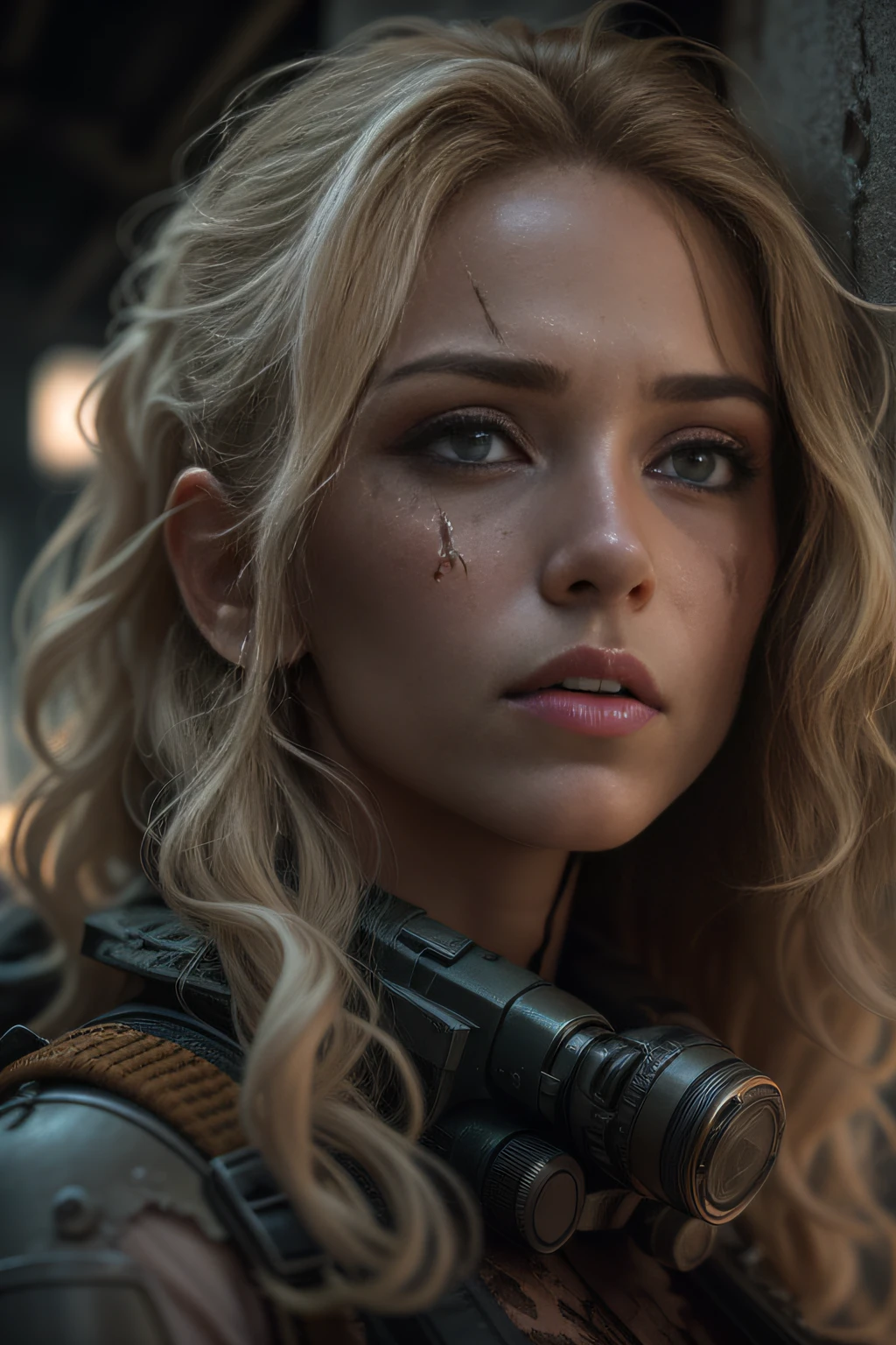 three-quarter close-up portrait, stunningly beautiful 30 y. o woman, slender athletic figure, Stunning face, (Expressive and deep [Symmetrical eyes]), frowning and innocent expression, (Long [Natural blonde] Hair)+++ | ([The biggest detail after the survivors of the apocalypse : 00s sci-fi TV drama style : Firefly : armor protection elements | Maximum detail mechanism firefly style | (intricately details:1. 2) | (Intricate sci-fi utilitarian interiors [((intricately detailed rusty decayed building corridor)) : oppressive and contrasting background:1. 3)+, (In semi-darkness)++, backlighting from inside, dramatic expressive background, gloomy horror crushing atmosphere | cinematic shot photographed from below with DSLR, Aperture F/7, Shutter speed 1/100 sec, ISO 150 | Super detailed, The ultra-realistice, (8kK, hyper HD, Super resolution, diffuselighting)+, textures of natural reflections, Cinematic lighting