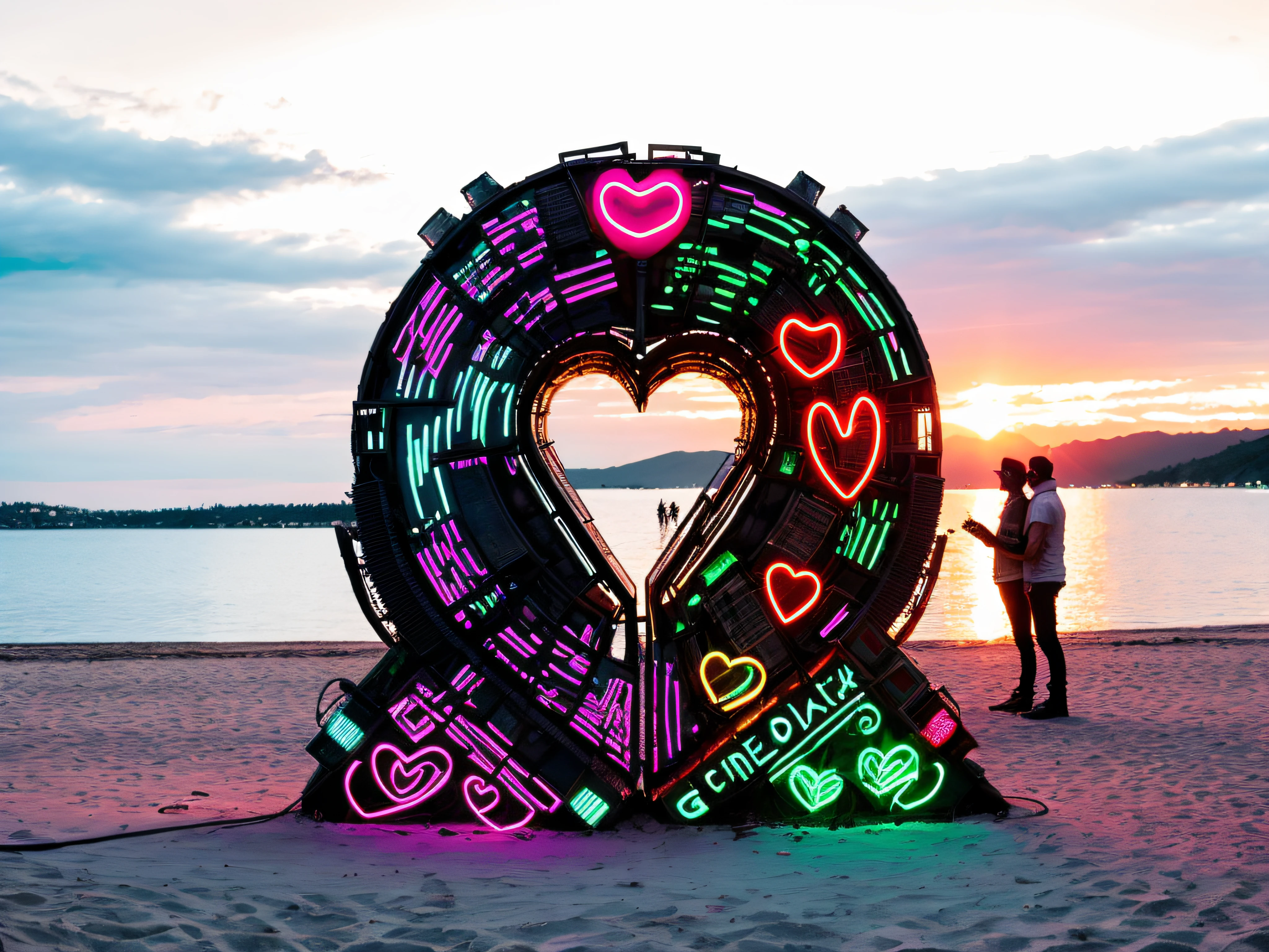 2 huge creature standing face to face, forming a heart between them. the heart glows in a futuristic cyberpunk style with neons. the background is a beach of a lake at sunset.