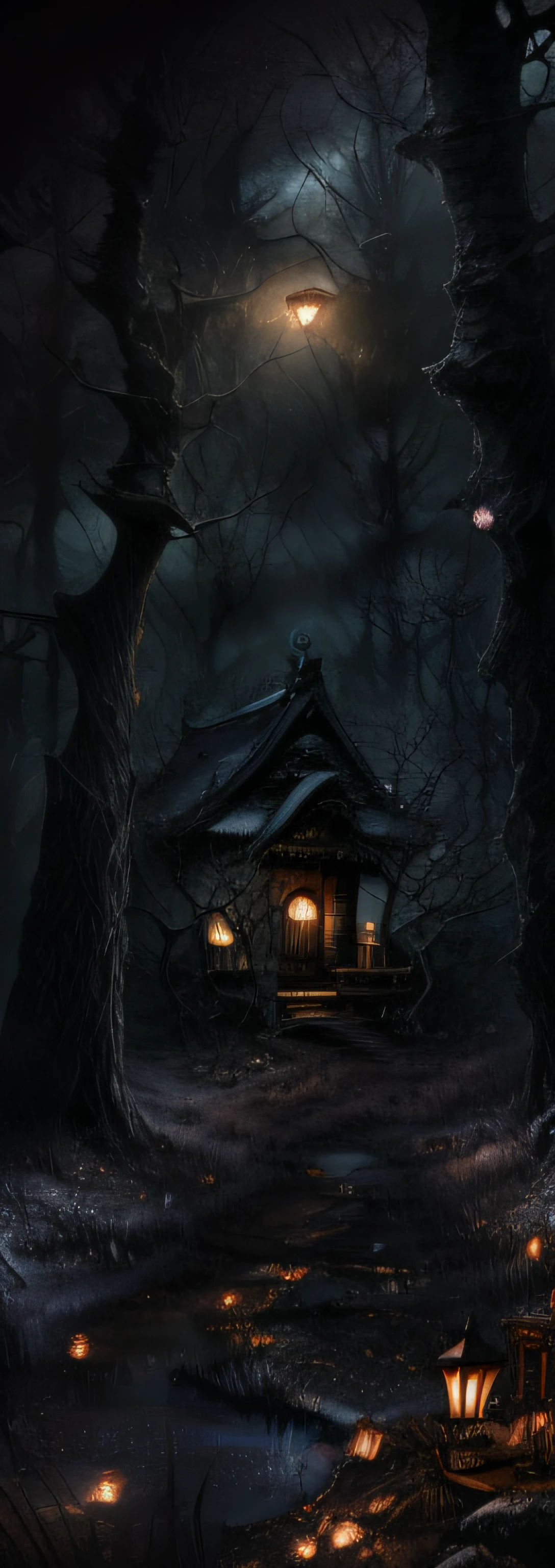​masterpiece、Photoquality、super precision、Kotorii、The Forbidden Land of Japan、Dark forest where evil spirits appear、Deep in the dark forest、Forbidden Land、Cursed places、Power Spot、ancestral temple、wet lands、deep-forest、Pitch Black Forest、the woods、musgo、ivy、Horrible、Horror movie、Writing horror movies、Spooky light source、Enshrine evil spirits、