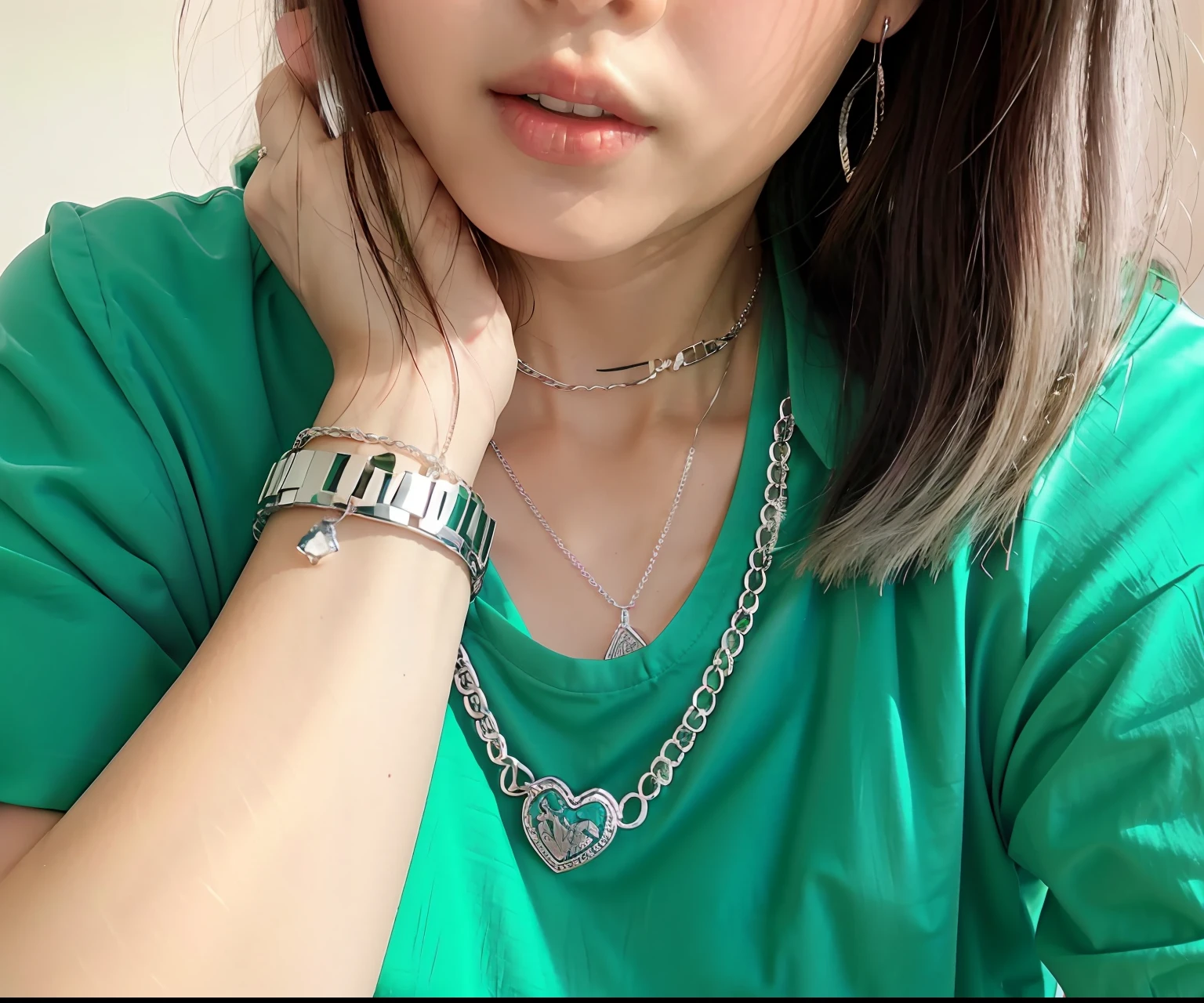 There was a woman wearing a green shirt and a watch, Profile image, necklace, wearing two silver bracelets!, Silver necklace, wearing two silver bracelets, silver trinkets, cyber necklace, silver accessories, ((Supersaturation)), personal profile picture, Silver color, wearing several pendants, dang my linh, 🤬 🤮 💕 🎀, luxurious neckless, Beautiful Doctor