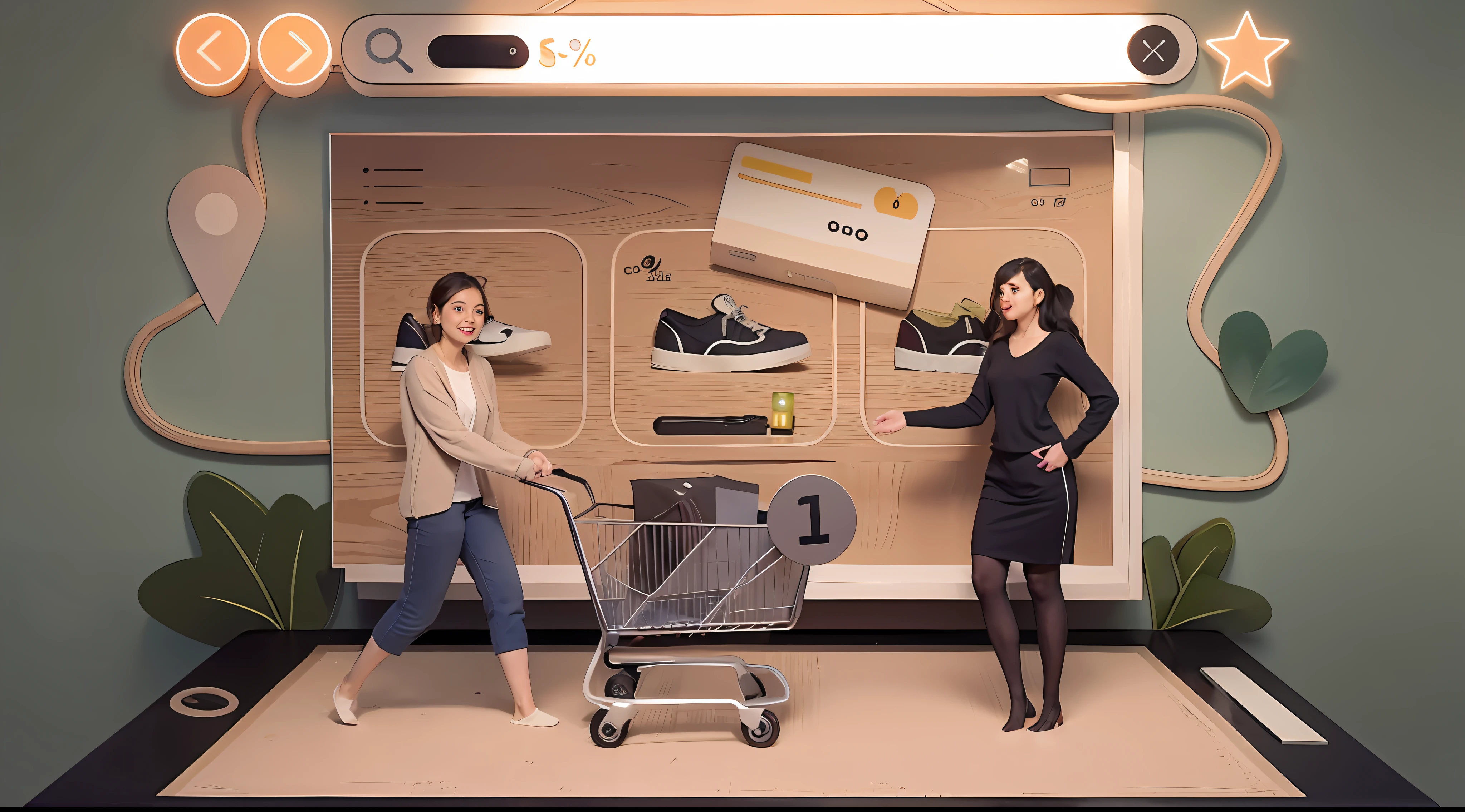 Two women are shopping on a mobile phone with a shopping cart, pessoas fazendo compras, full-page illustration, flat illustration, ecommerce photograph, commercial illustration, simple and clean illustration, RetailDesignBlog, simple illustration, Clientes, carrinho de supermercado, High quality illustration, avatar para o site, 🦩🪐🐞👩🏻🦳, Marketing illustration, courful illustration