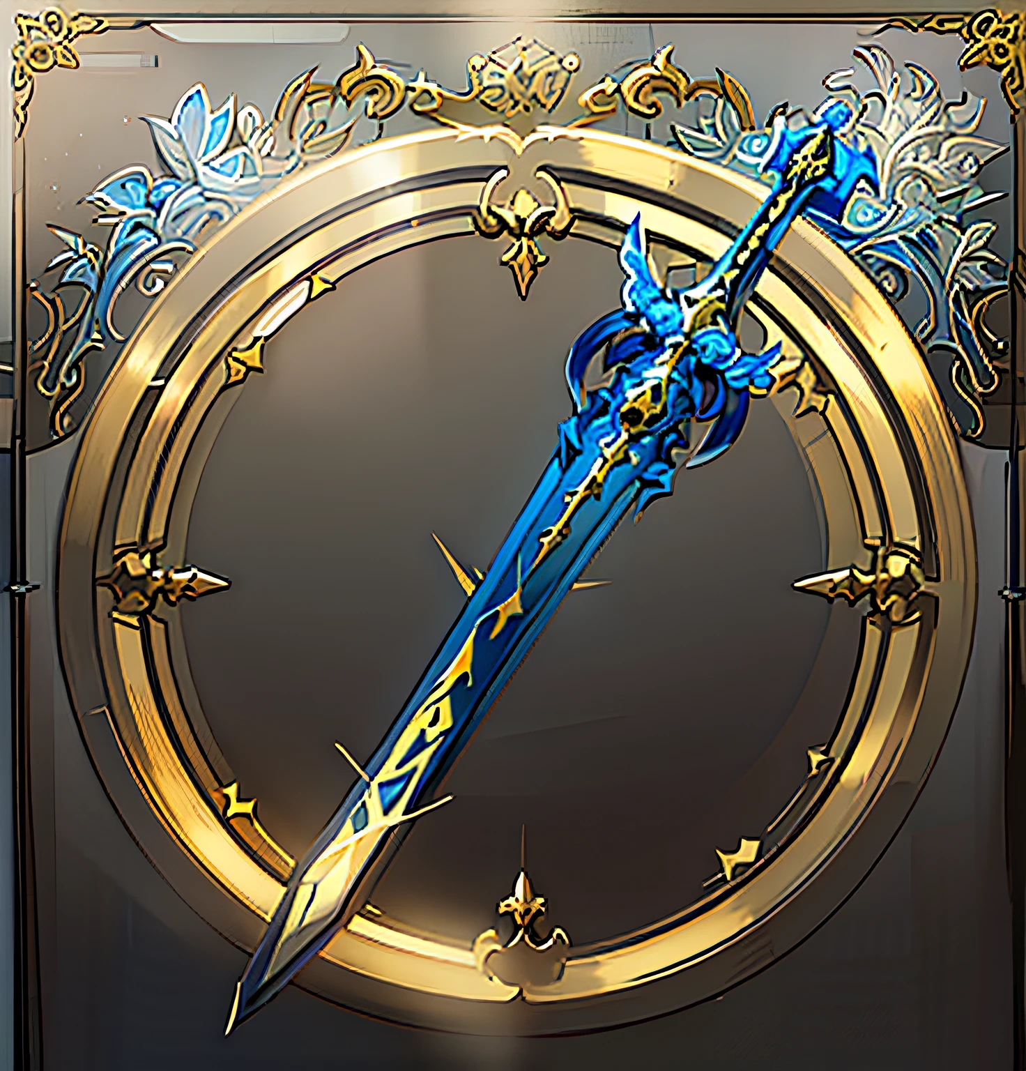 There is a blue sword,Golden accent on gold background, beautiful sword, shinning sword, big sword, Shining sword, Huge sword, magical sword, war blade weapon, big sword, Fantasy Blade, giant sword, fantasy sword, gold sword, armored sword blade, huge oversized sword, sword design, Golden sword, sword, intricate fantasy spear, fantasy weapon --auto