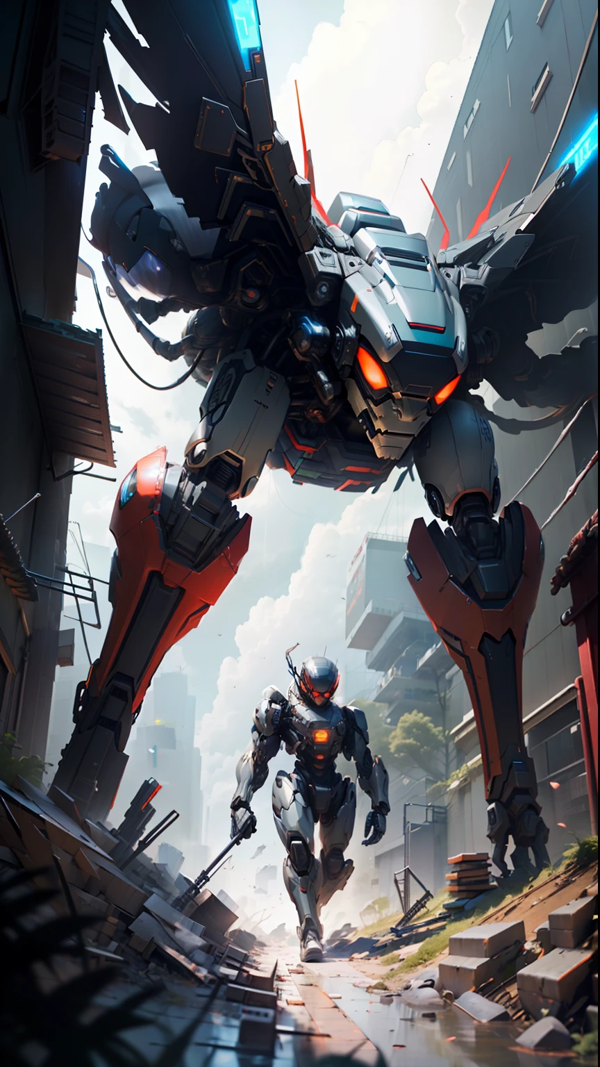 sky, cloud, holding_weapon, no_humans, glowing, , robot in spider man outfit , building, glowing_eyes, mecha, science_fiction, city, realistic,mecha