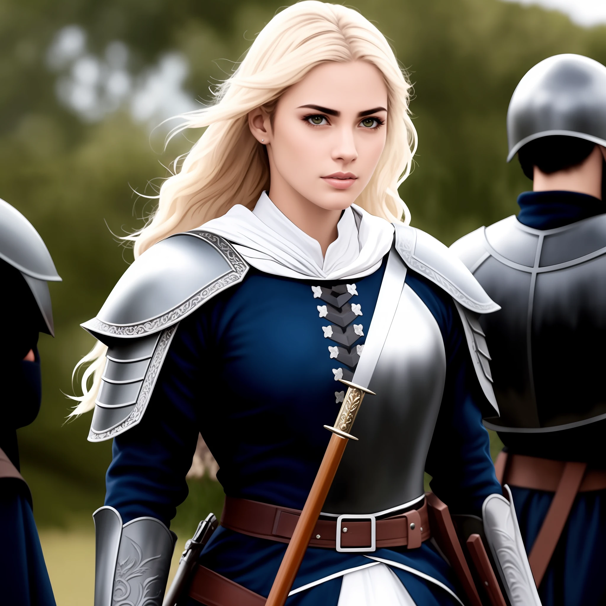 Mulher um pouco mais de idade, super real, cabelos branco e preto, Senhora com olhar assustador, uma guerreira com roupas medievais e cabelos branco e mexas marron, senhora de cabelo branco e preto realista, mulher real e muito itimidadora, com armaduras de guerreira, olhar sombrio.