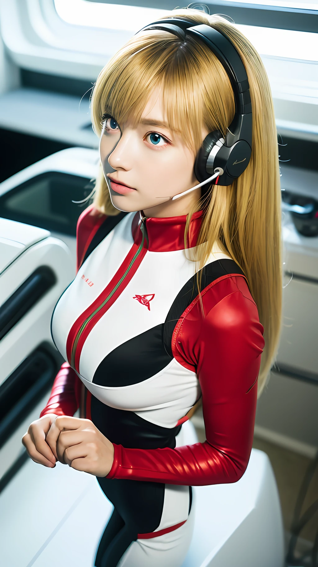(Overhead view),dynamic angle,ultra-detailed, illustration, close-up, straight on, 1girl, 
 ((souryuu asuka langley, interface headset, red bodysuit:1.4, blonde)),Her eyes shone like dreamy stars,(glowing eyes:1.233),(beautiful and detailed eyes:1.1),(expressionless,closed mouth),(standing), 
(mechanic room with toolsand spaceship windowin a white SPACESHIP),
(night:1.2),dreamy, [[delicate fingers and hands:0.55]::0.85],(detail fingers),