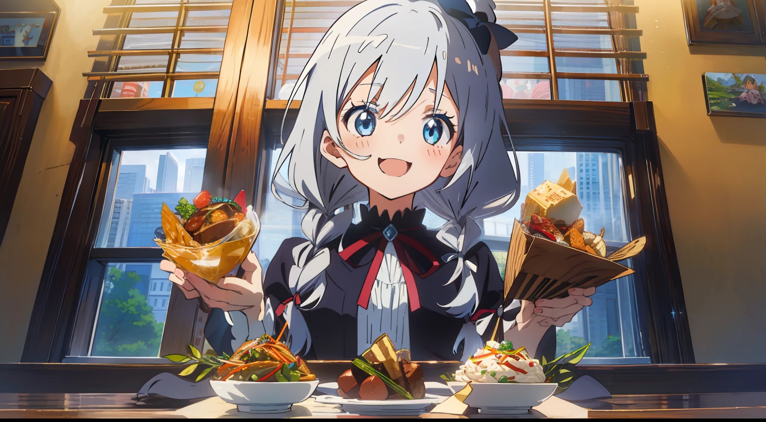 One girl、Anime style、Deities々Right、​masterpiece、Top image quality、top-quality、cute little、silber hair、Food dress、Ribbon on the back、Long、blue eyess、French braids、laugh、piece sign