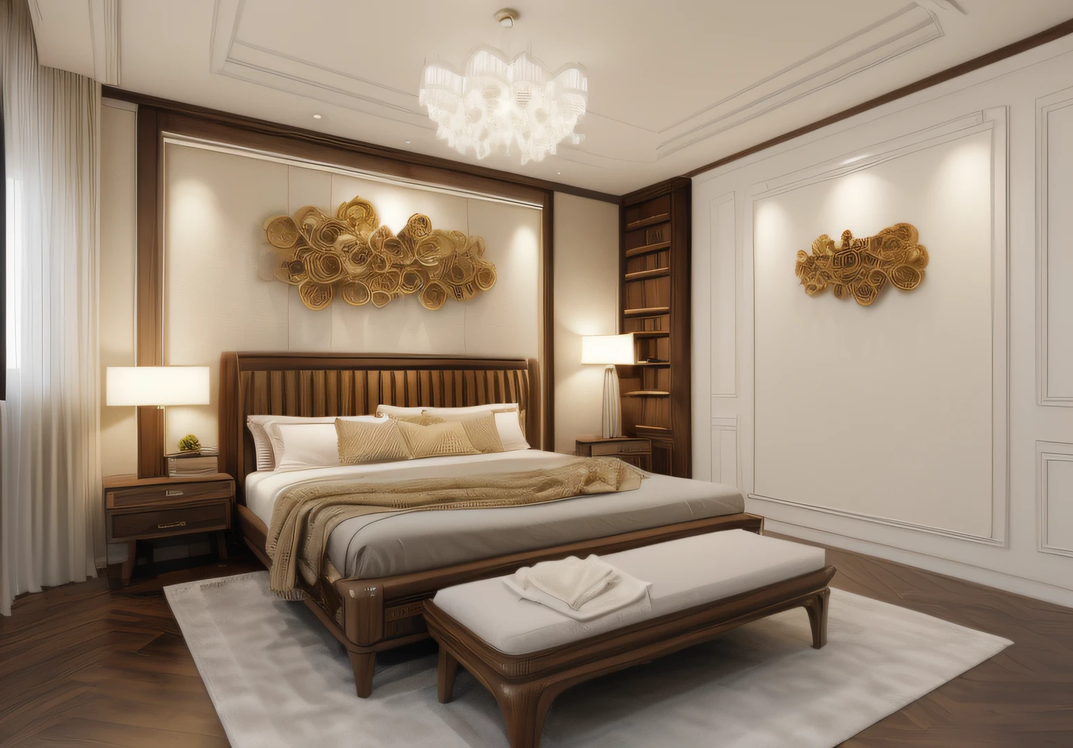 ((masterpiece,best quality,highres,sharp forcus)) (((detail forcus))) , (bedroom in style of neoclassic) (( forcus on small detail) (8K) , clear , ((Super sharp, super clear, clear details)) walnut wooden furniture, white moulding wall, warm tone , daylight ,(8k) ( super detail)