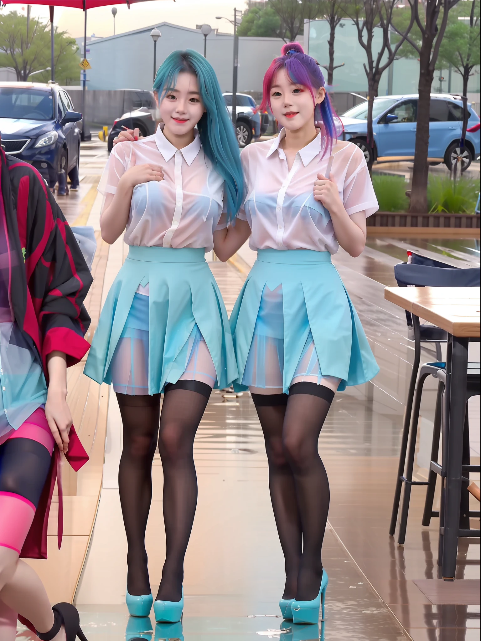 South Korean beauties,At the table,standing on your feet,Cyan hair,huge tit,Wet by rain,Leaky shoulders,Translucent extra-short shirt,Superskirt,Cyan ultra-thin stockings,(((Long slender legs))),high-heels