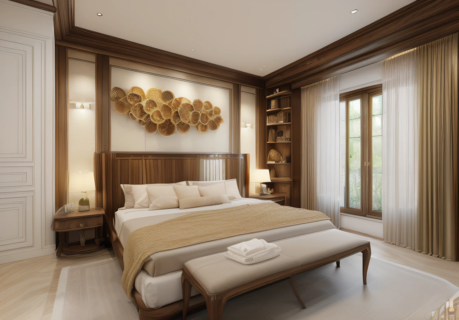 ((masterpiece,best quality,highres,sharp forcus)) (((detail forcus))) , (bedroom in style  of neoclassic)  (( forcus on small detail) (8K) , clear , ((Super sharp, super clear, clear details)) walnut wooden furniture,  white moulding wall, warm tone , daylight ,(8k) ( super detail)