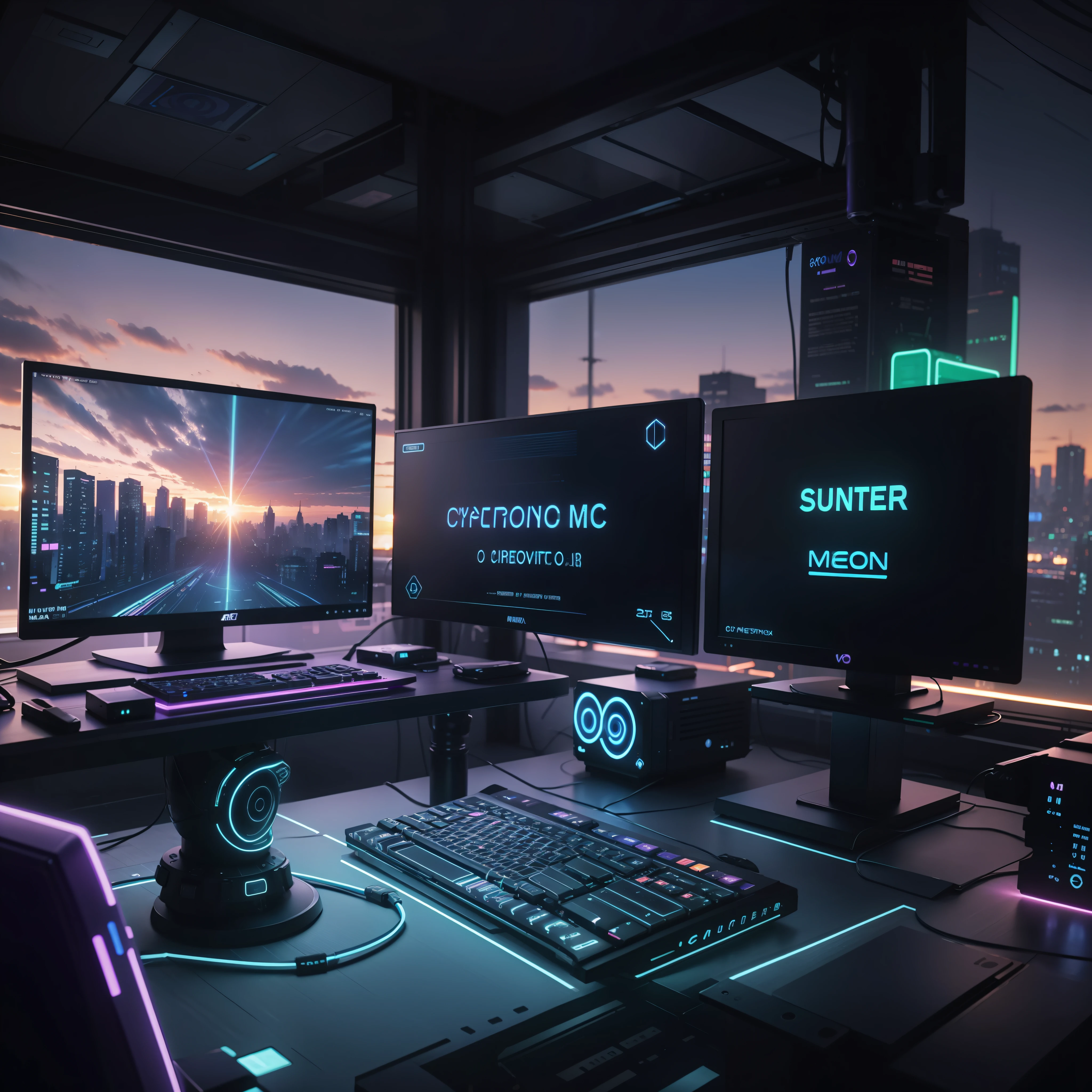 A purple and blue neon light computer desk with multiple monitors and a keyboard, cyber neon lighting, Neon lighting, in a large room with large windows on a sunny sunset, Pantalla de jugador de escritorio de metal, pantallas transparentes con paginas web y estadisticas, pantallas con estadisticos
