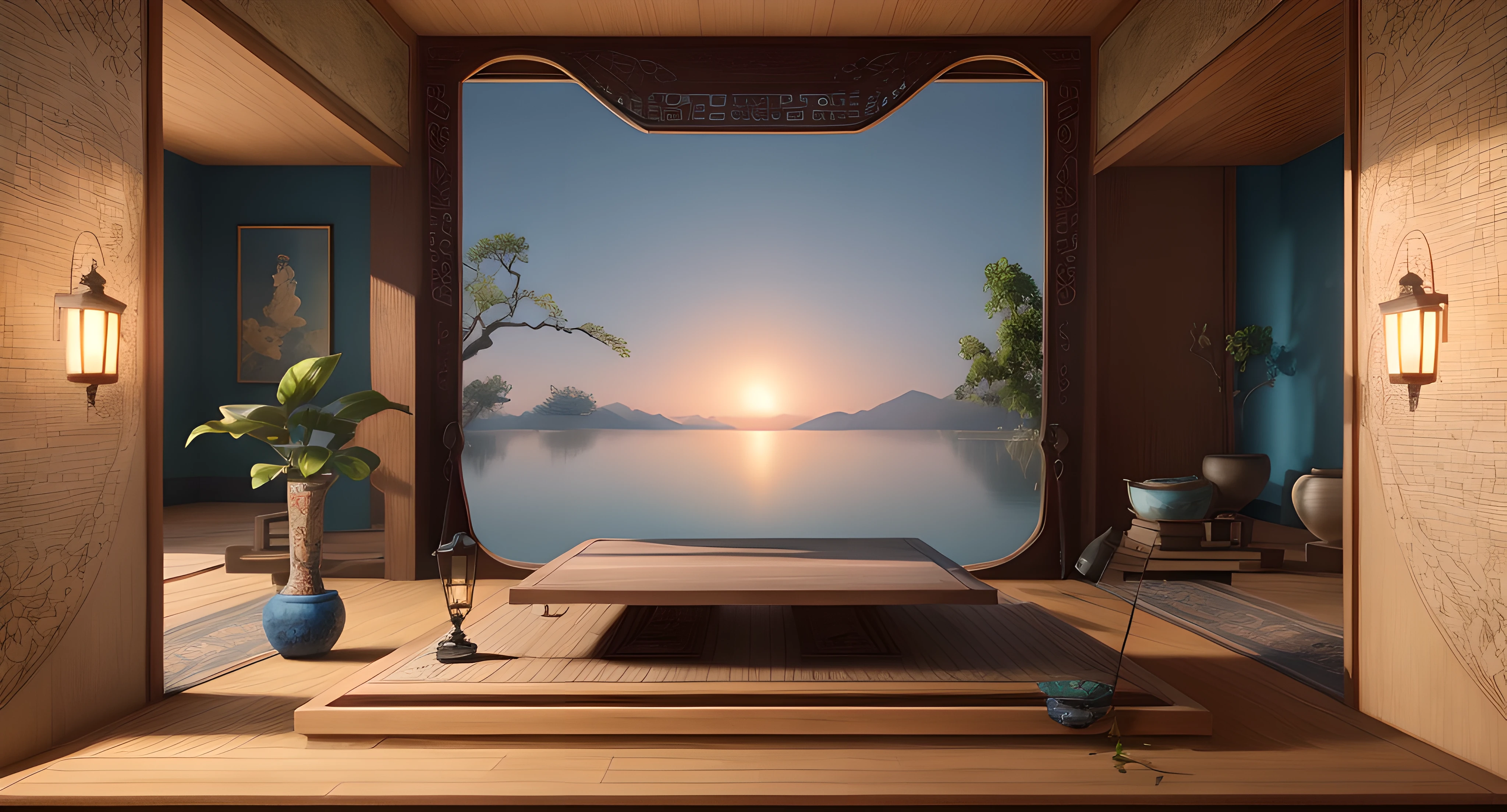 real rendering,Reallightandshadow,(Antique interior design)、Chinese home furnishings、Circular entrance、Depth、symmetrical design、((Antique carved door beams、carved beam paintings、tables and chairs、Bonsai、vases、chinaware、the trees、florals、Chinese lamps、Embroidery、screen、Beds、cushion、Blue sand curtain))、Exquisite home、rich details、Ancient Chinese Ming dynasty style、Quiet and elegant atmosphere、The blue tone is the base tone、Delicate and soft painting style、Cinematic lighting effects、high-definition picture quality、softlighting、Tyndall effect、dream magical、rich details、Refer to Gu Kaizhi、32K、high high quality、A high resolution、VerydetailedCG,Realistic background, Fundo sala de estar,, hyper detailed scene,, realistic detailed background, highly detailed scenario, arte de fundo, detailed scene, round background