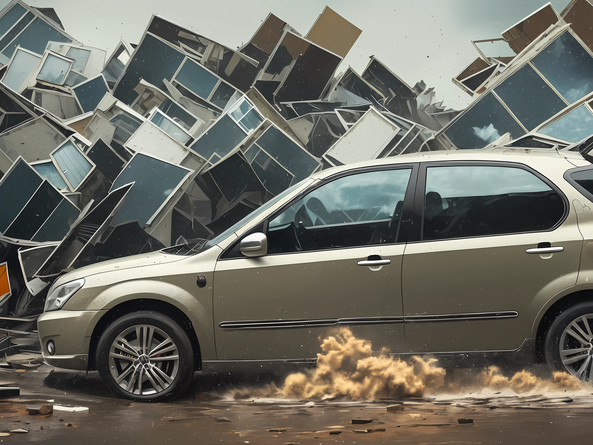 a car driving in a car park after a strong storm, in the style of distorted, fractured depictions, movie still, explosive wildlife, california plein air, multiple screens, dusty piles, grainy --auto --s2