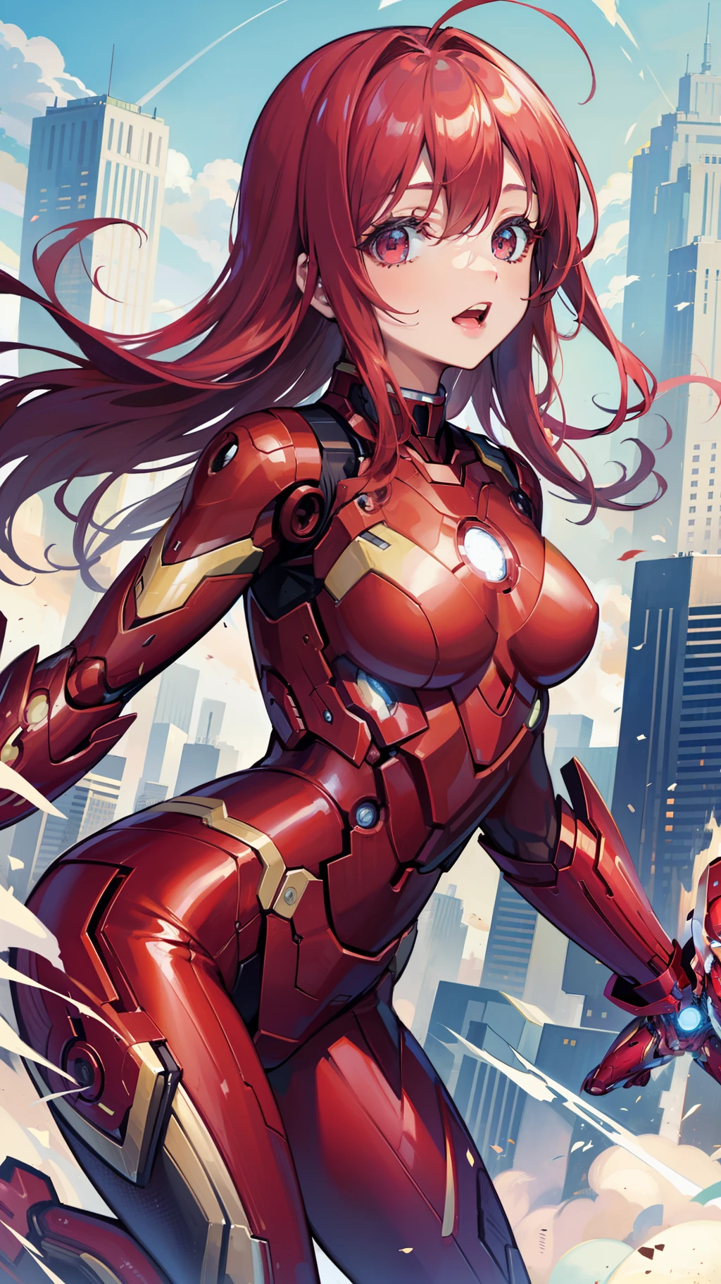 Female Iron Man，Red Iron Man suit，Sexy figure，flying through the air，looking at viewert