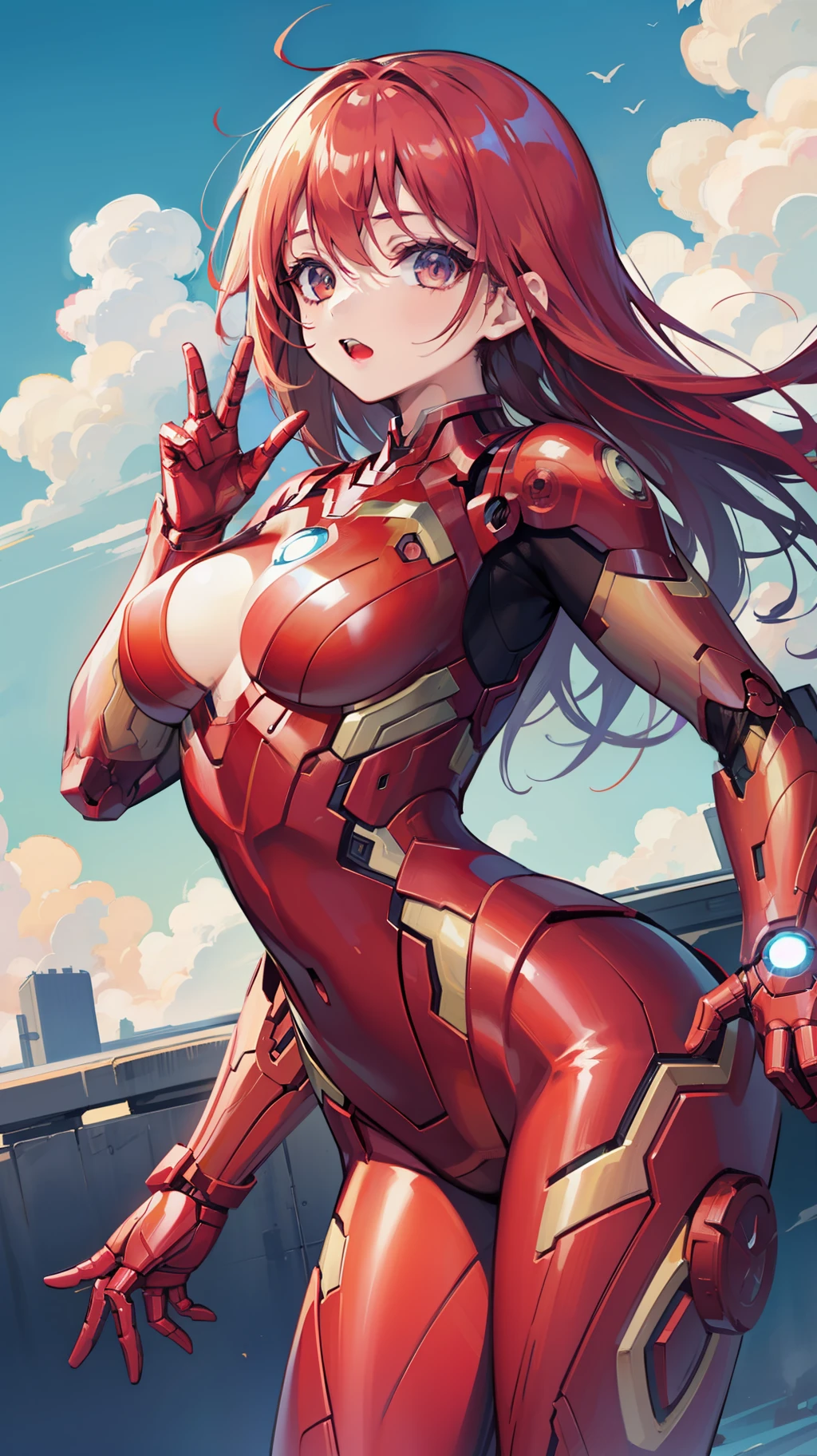 Female Iron Man,Red Iron Man suit,Sexy figure,flying through the air,looking at viewert