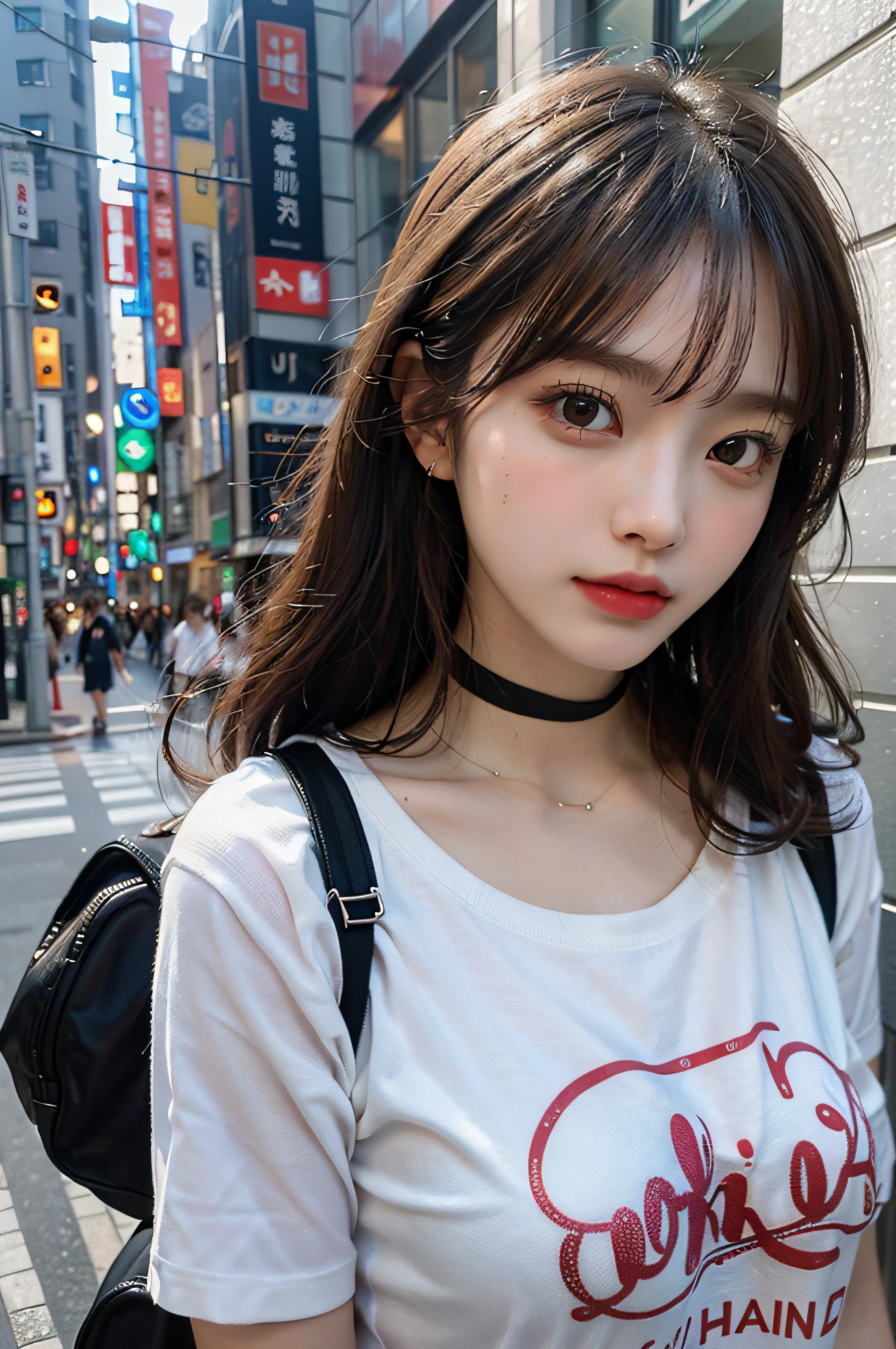 Best Quality Detail:1.2, realisitic, 8K UHD, hight resolution, 1girl in:1.2, The ultra-detailliert, High quality textures, intricate detailes, detaileds, Very detailed CG, High quality shadows, Detail Beautiful delicate face, Detail Beautiful delicate eyes, depth of fields, Ray traching, in her 20s, Pretty Kpop Girl, Korean Urzan Face:1.1, Slender face, ulzzang -6500-v1.1:0.6, pureerosface_v1, gloweyes, teak, Glossy lips, perfectbody, a choker、cleavage of the breast、 Brown hair、poneyTail:1.1, Street, Particle, look at viewr, Photorealsitic:1.4, ultra-detailliert, photos realistic, 4K 8K UHD Full Color RAW Photos, Fuji Film(Medium format:1.2), Hasselblad:1.2, Carl zeiss:1.1, Incredible dynamic range photography(UTIL_Art by Smoose-768:1.1), hight resolution, High pixel count, clear details, crisp image, Natural color reproduction, Noise Reduction, High fidelity, qulity, Software Improvements, Upscaling, Optimized algorithms, Pro-level retouching、((Shibuya, tokyo prefecture))、On the way to shopping、((Fashionable clothes with a very high design))、graphic t-shirt: Art and Logos、Graphic T-shirts printed with anime characters are trending.、Used for unique styling