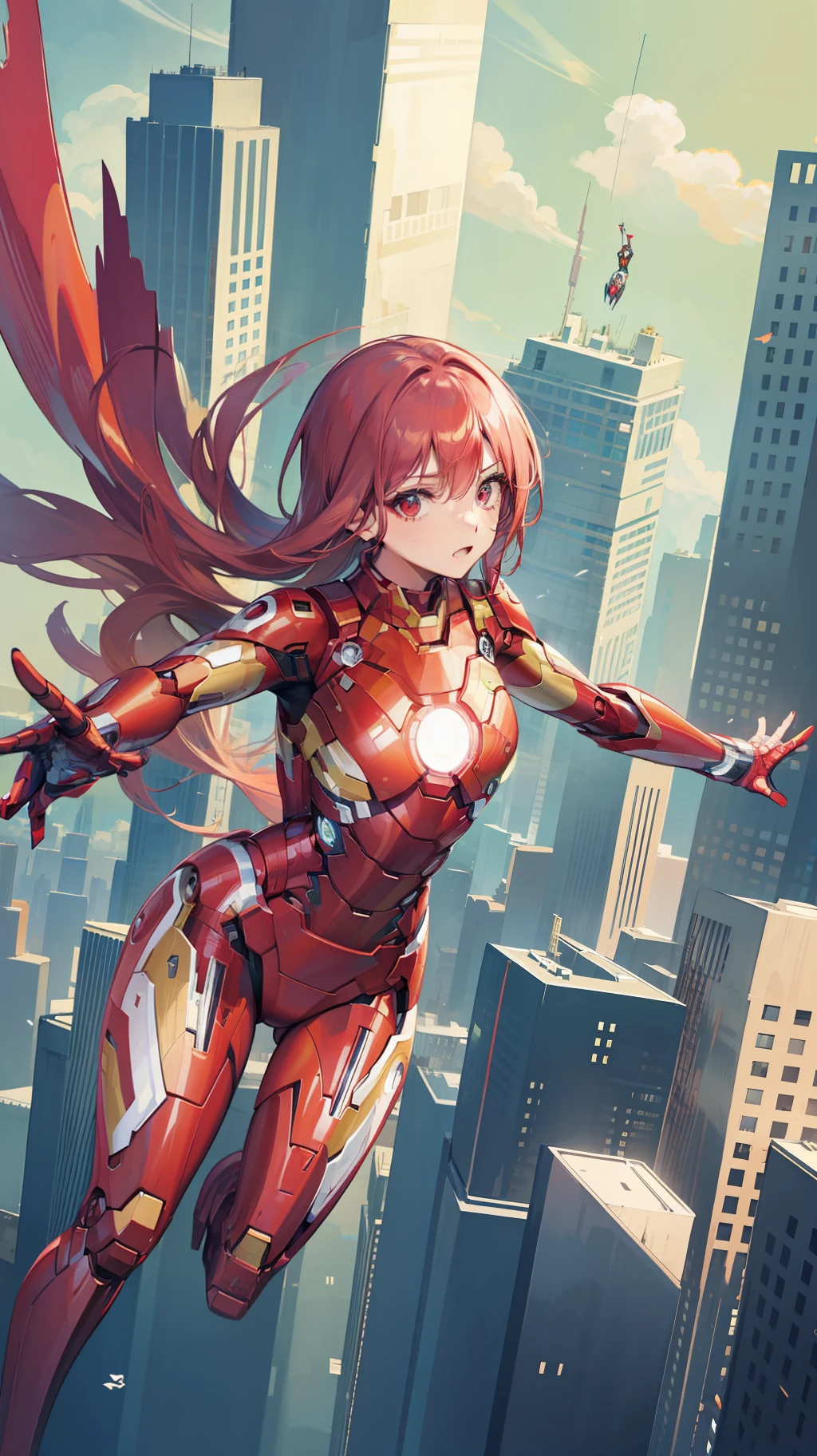 Female Iron Man,Red Iron Man suit,Sexy figure,flying through the air,looking at viewert