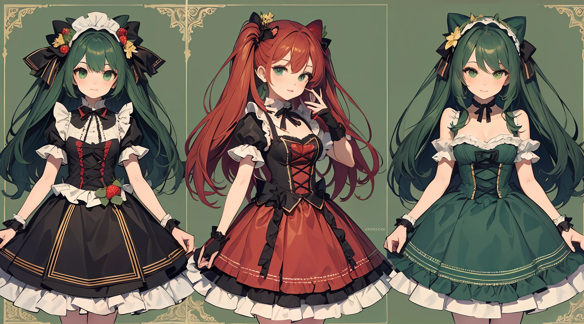 Three-view of roles，character  design，Character design，Three View，full bodyesbian，frontage，Lateral face，on  back，Set，ta prostitute，Very gorgeous，Maximalism，extreme hight detail，RococoStyle，Super long hair，Complex accessories，Complex hairstyles，Strawberry theme，dark red color，green color，strawberry hair ornament，Strawberry-shaped gemstone，Skirts of various materials，Different fabrics，Dark green hair，mitts，sceptre