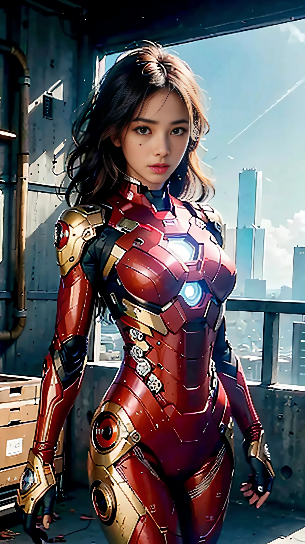 (1girl:1.3), solo,__body-parts__, official art, unity 8k wallpaper, ultra detailed, beautiful and aesthetic, beautiful, masterpiece, best quality, RAW, masterpiece, super fine photo,, best quality, super high Resolution, photorealistic, sunlight, full body portrait, stunningly beautiful,, dynamic pose, delicate face, vibrant eyes, (side view), she is wearing a futuristic Iron Man mech, red and gold, Highly detailed abandoned warehouse background, detailed face, detailed complex busy background, messy, gorgeous, milky, high detailed skin, realistic skin details, visible pores, sharp focus, volumetric fog, 8k uhd, dslr camera, High quality, film grain, fair skin, photorealism, lomography, sprawling metropolis in a futuristic dystopia, view from below, translucent
