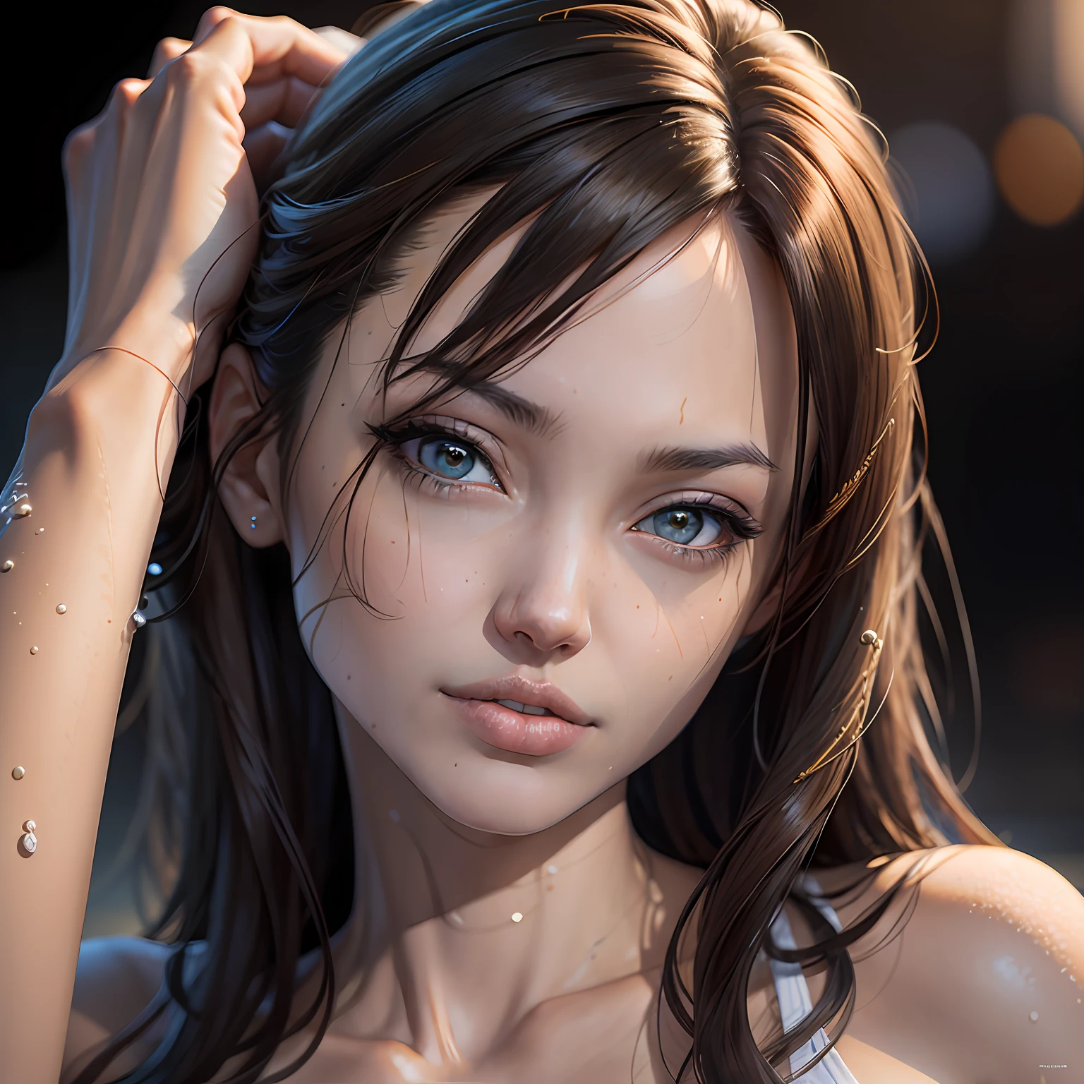 Realistic female portrait，photographrealistic，动态照明，artstation，poster for，Volumetriclighting，Very detailed faces，4 k，Award-Awarded，，1girl，in the darkness nigth，deep shading，low tune，White bikini photo,(swim wears:1.4),long whitr hair,brunette color hair, oriental face --auto