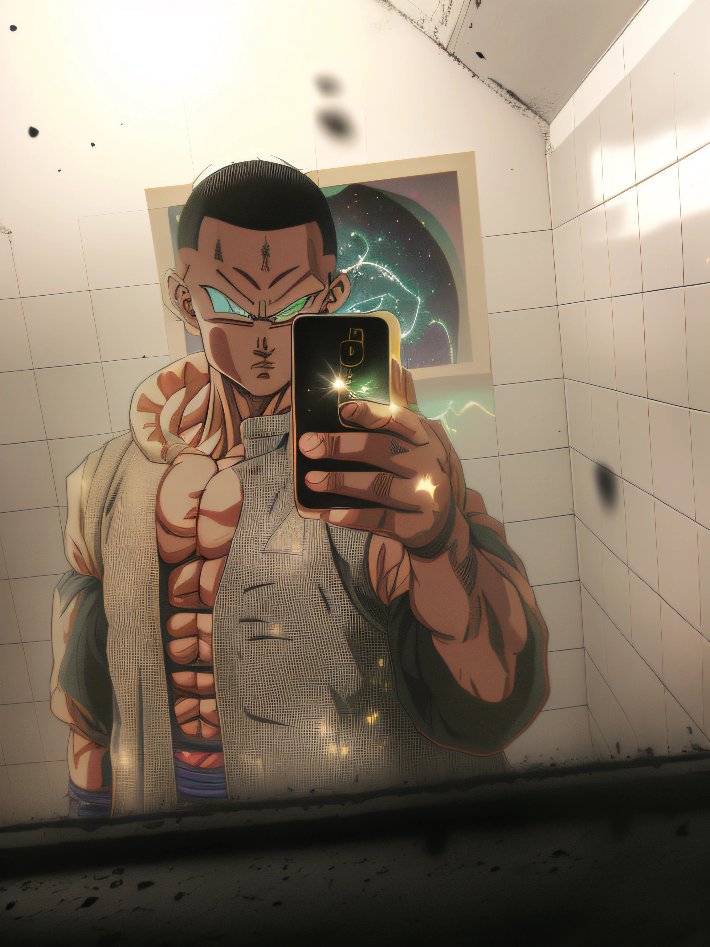 An award winning master piece photo of a super saiyan cyberpunk. psychedelic ki colors. standing planet namek at night with extremely detailed celestial bodys. 8k, (high quality:2), (cinematic feeling:1.3), dark deep shadows, incredibly intricate detailing, fine art , (up close:1.4), looking at viewer, (light sparkles:1.1), (chromatic aberration,:1.2) background with floating light artifacts