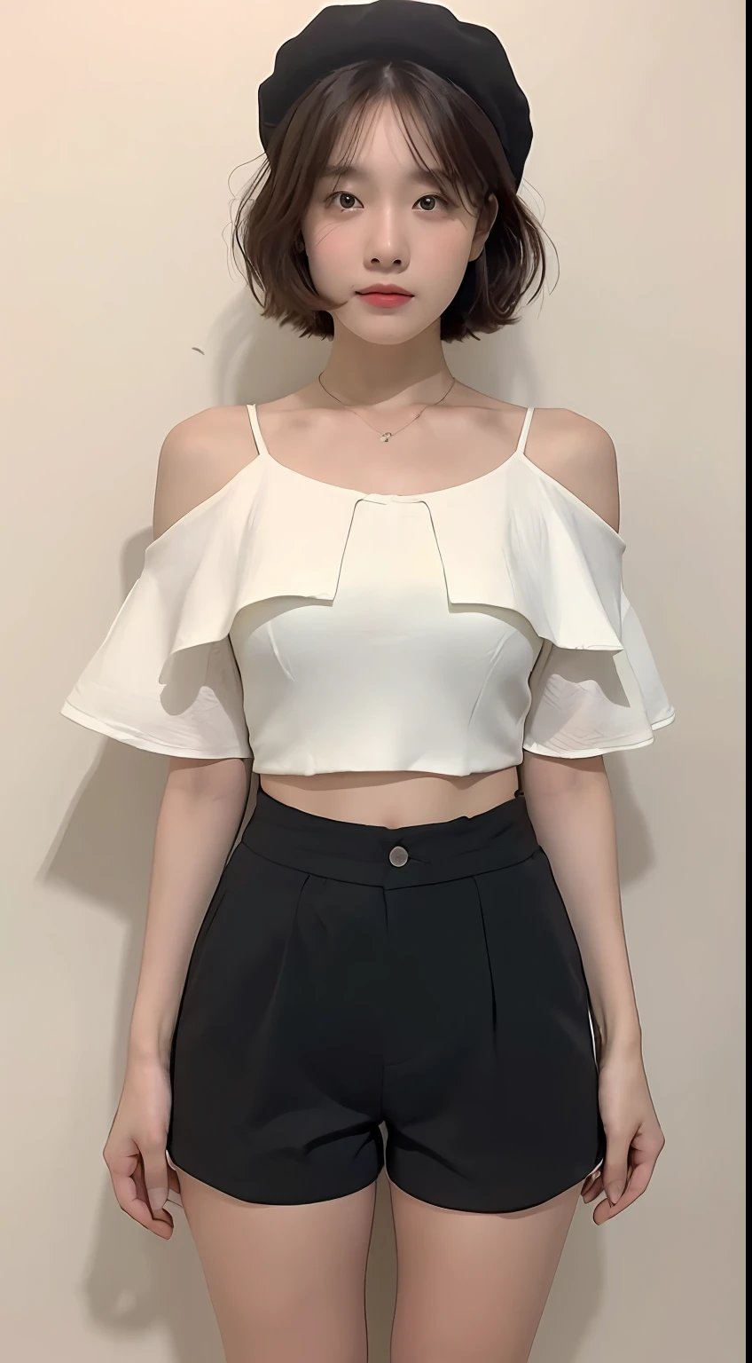 ((Best Quality, 8K, Masterpiece: 1.3)), (Flower Cap: 1.3), Focus: 1.2, Perfect Body Beauty: 1.4, Buttocks: 1.2, (Layered Haircut: 1.2)), (Dark Street: 1.3), Highly Detailed Face and Skin Texture, Full Body, Delicate Eyes, Double Eyelids, Whitened Skin, short wavy Hair, (Round Face: 1.5), (Loose Crop Top, Shorts: 1.6)