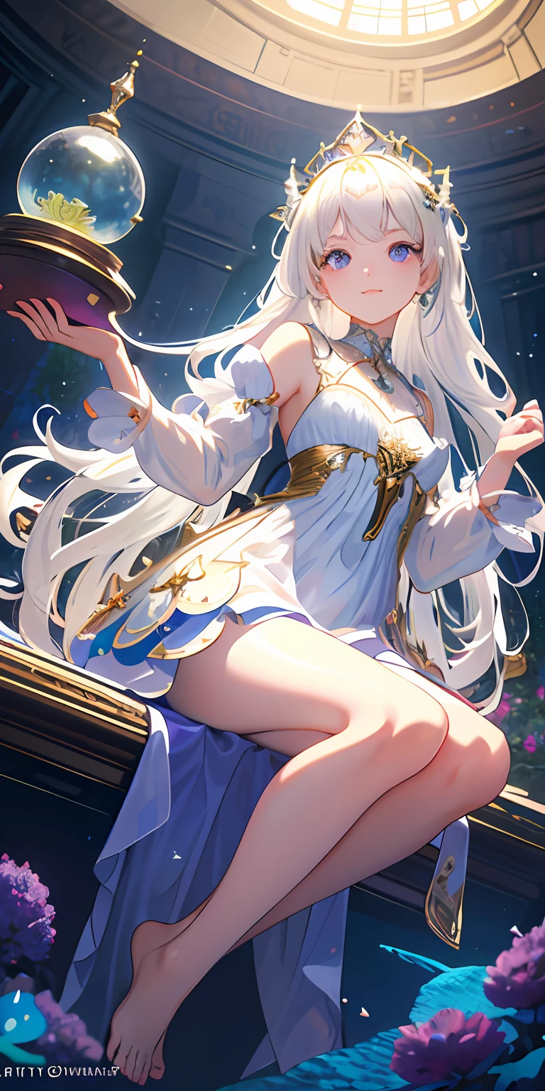 [(Transparent background:1.5)::5],(((Masterpiece))),(((Best quality))),(((Extremely detailed))),illustration, 1girll,Solo,mysterious,vivd colour,Shiny, Underwater transparent sealed hemispherical glass dome, (White hair),(Purple eyes),ta style dress,Barefoot,Long hair tranquility nature, Koi,Underwater, Dome,Close up,Dynamic actions,Lens perspective,(((Box composition))),sitting cross-legged，Leaning against the bookshelf, voluminetric lighting, multi colored eyes, Detailed eyes, ultra - detailed,Light smile, Highly detailed, Beautiful, small detailed, Ultra detailed, Best quality, Intricate, 4K, 8K, trending on artstationh, Good anatomy, Beautiful lighting, Award-winning,