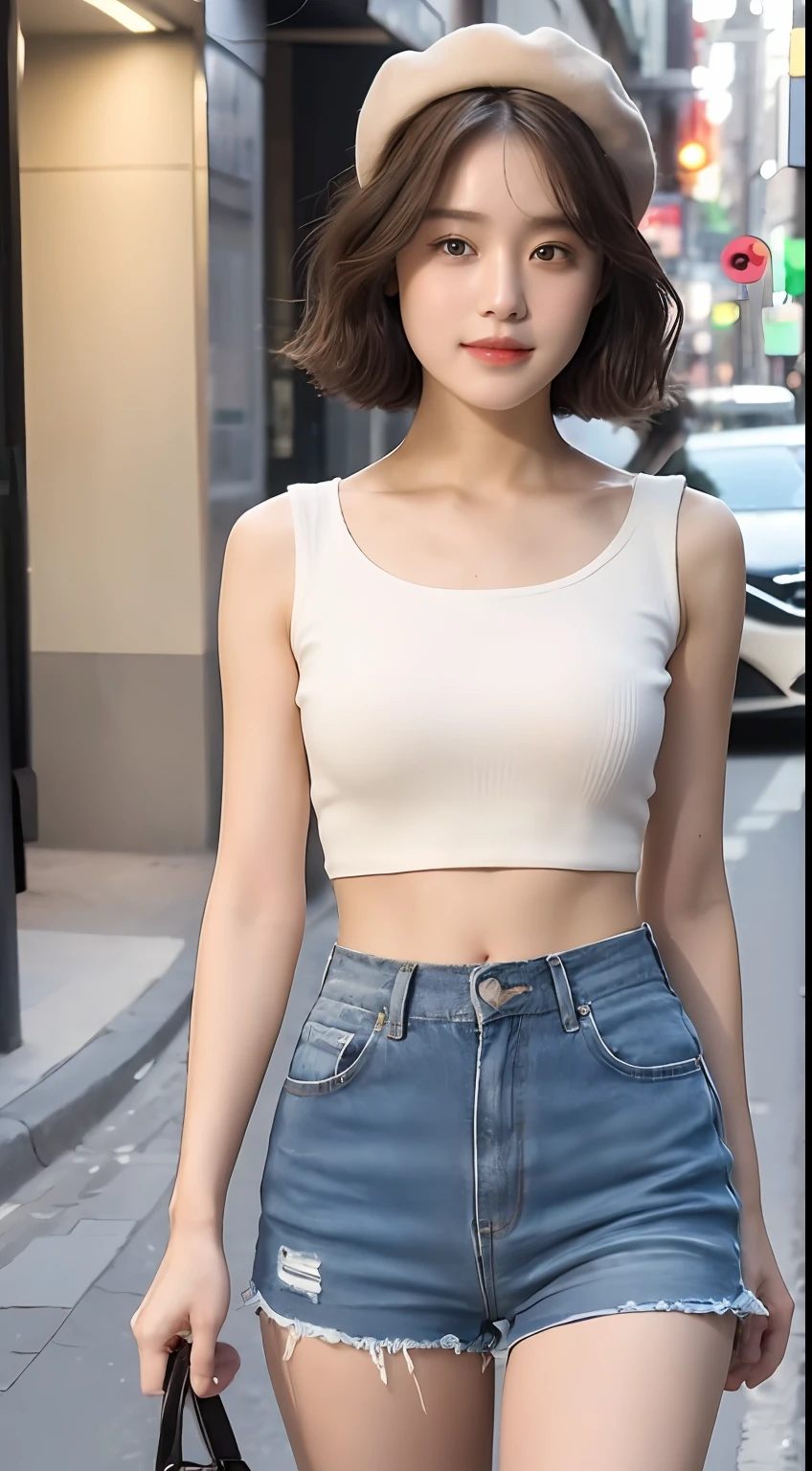 ((Best Quality, 8K, Masterpiece: 1.3)), (Flower Cap: 1.3), Focus: 1.2, Perfect Body Beauty: 1.4, Buttocks: 1.2, (Layered Haircut: 1.2)), (Dark Street: 1.3), Highly Detailed Face and Skin Texture, Full Body, Delicate Eyes, Double Eyelids, Whitened Skin, short wavy Hair, (Round Face: 1.5), (Loose Crop Top, Shorts: 1.6)