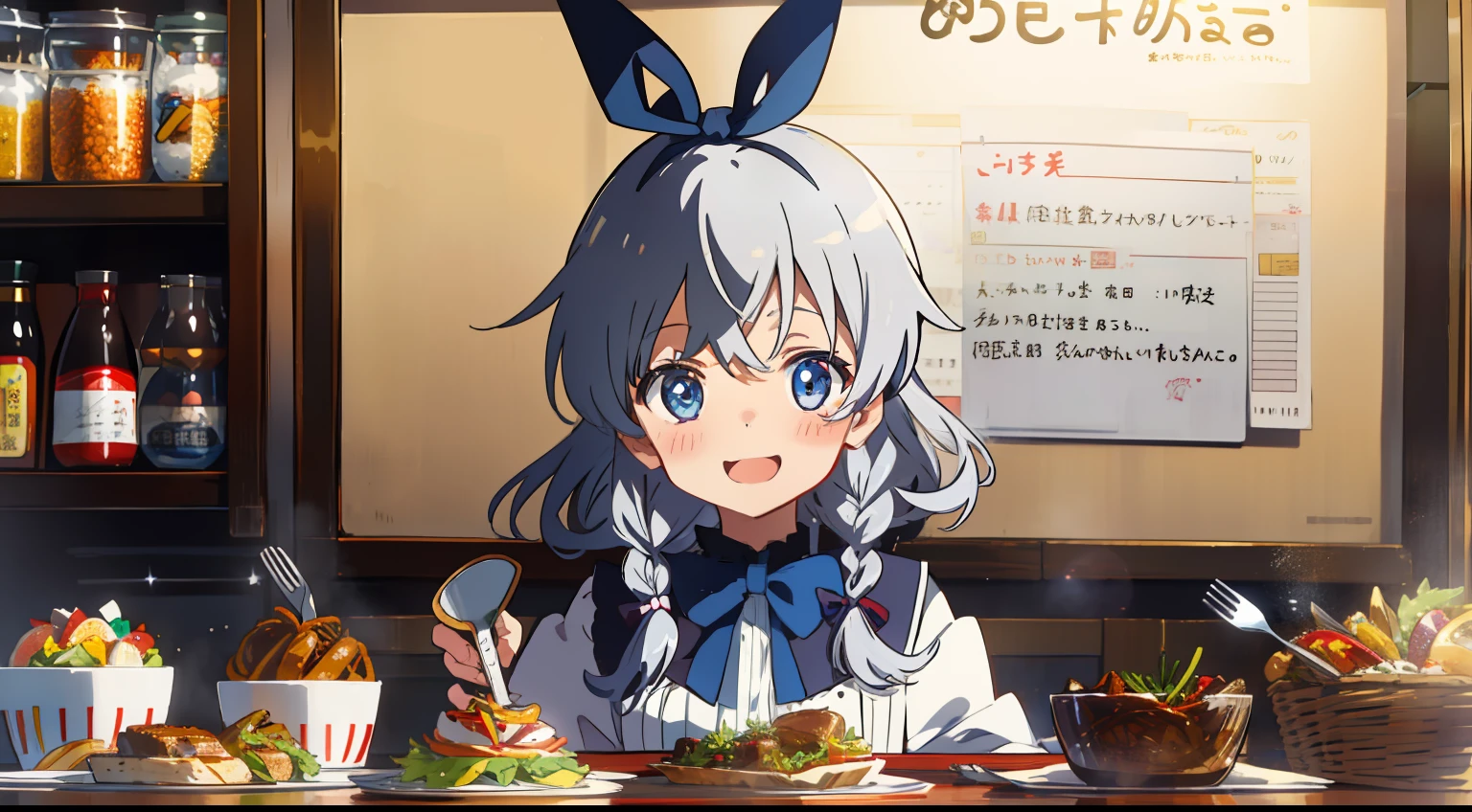 One girl、Anime style、Deities々Right、masterpiece、Top image quality、top-quality、cute little、silber hair、Food dress、Ribbon on the back、Long、blue eyess、French braids、laugh、piece sign