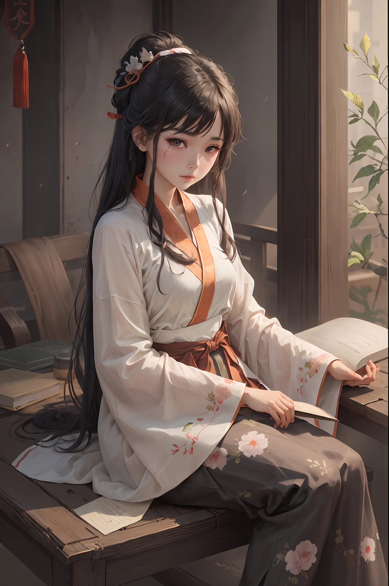 Wearing hanfu a girl sitting on a table, with a book in his left hand, right hand a comb, character, beautiful Chinese girl, 4 K illustration anime style, a beautiful art illustrations --auto --s2